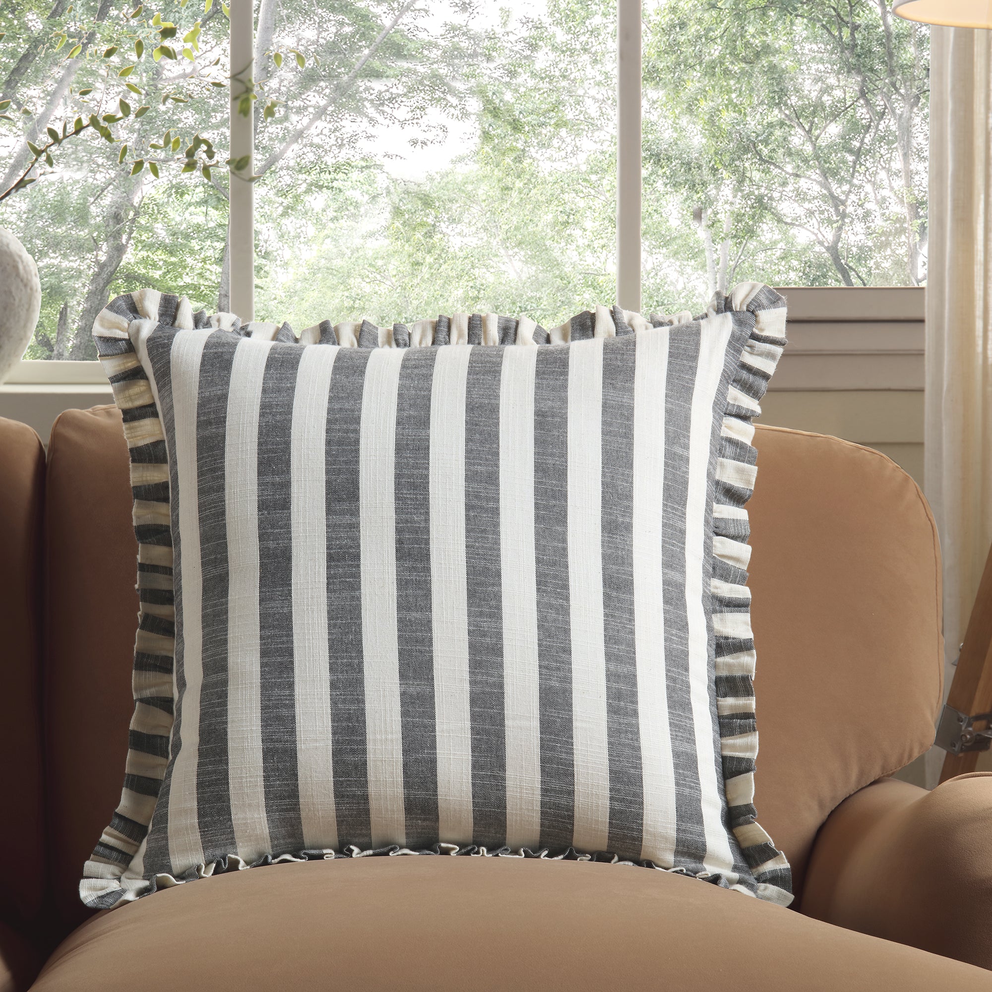 Edith Reversible Linen Blend Black Striped Frill Cushion - Image 3