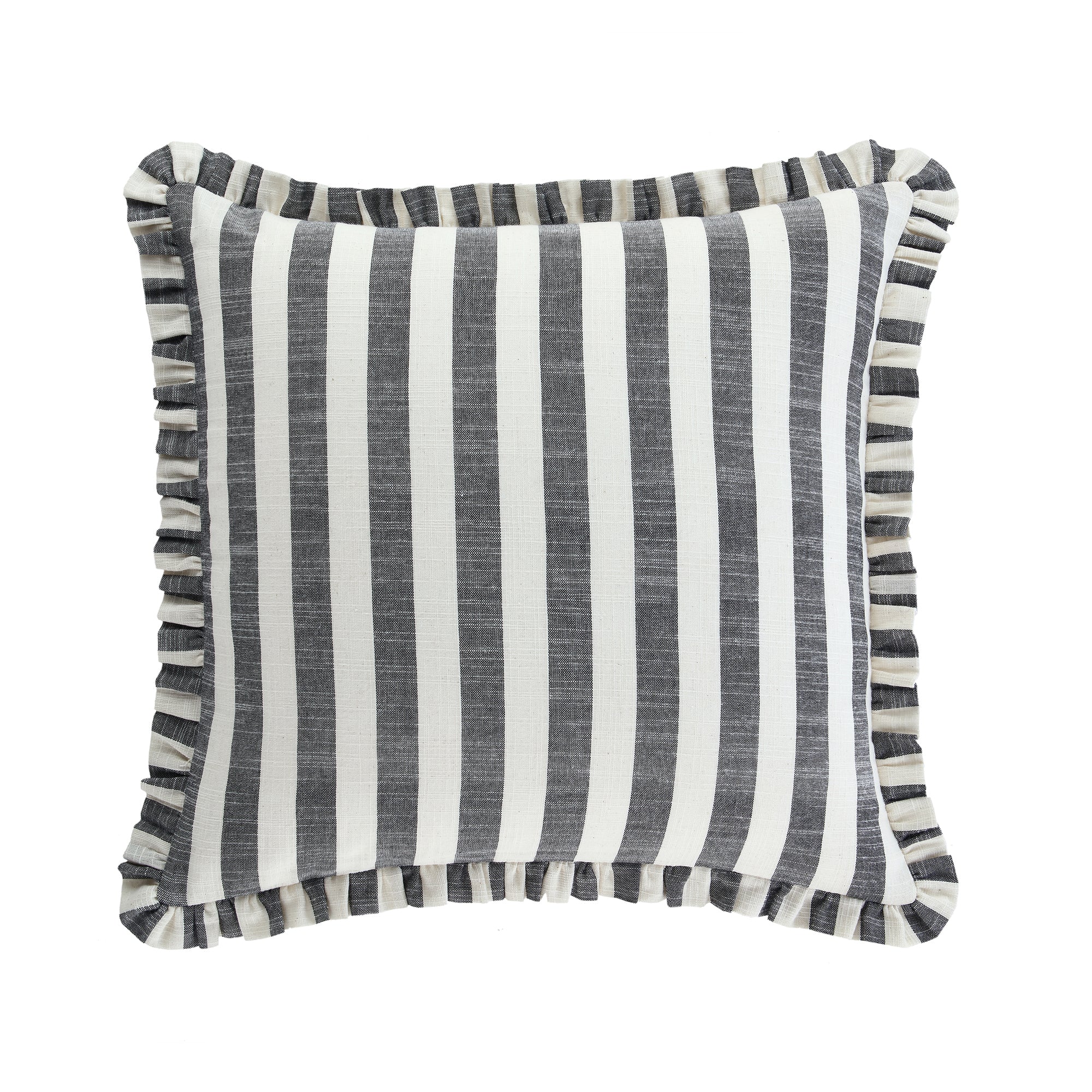 Edith Reversible Linen Blend Black Striped Frill Cushion - Image 5