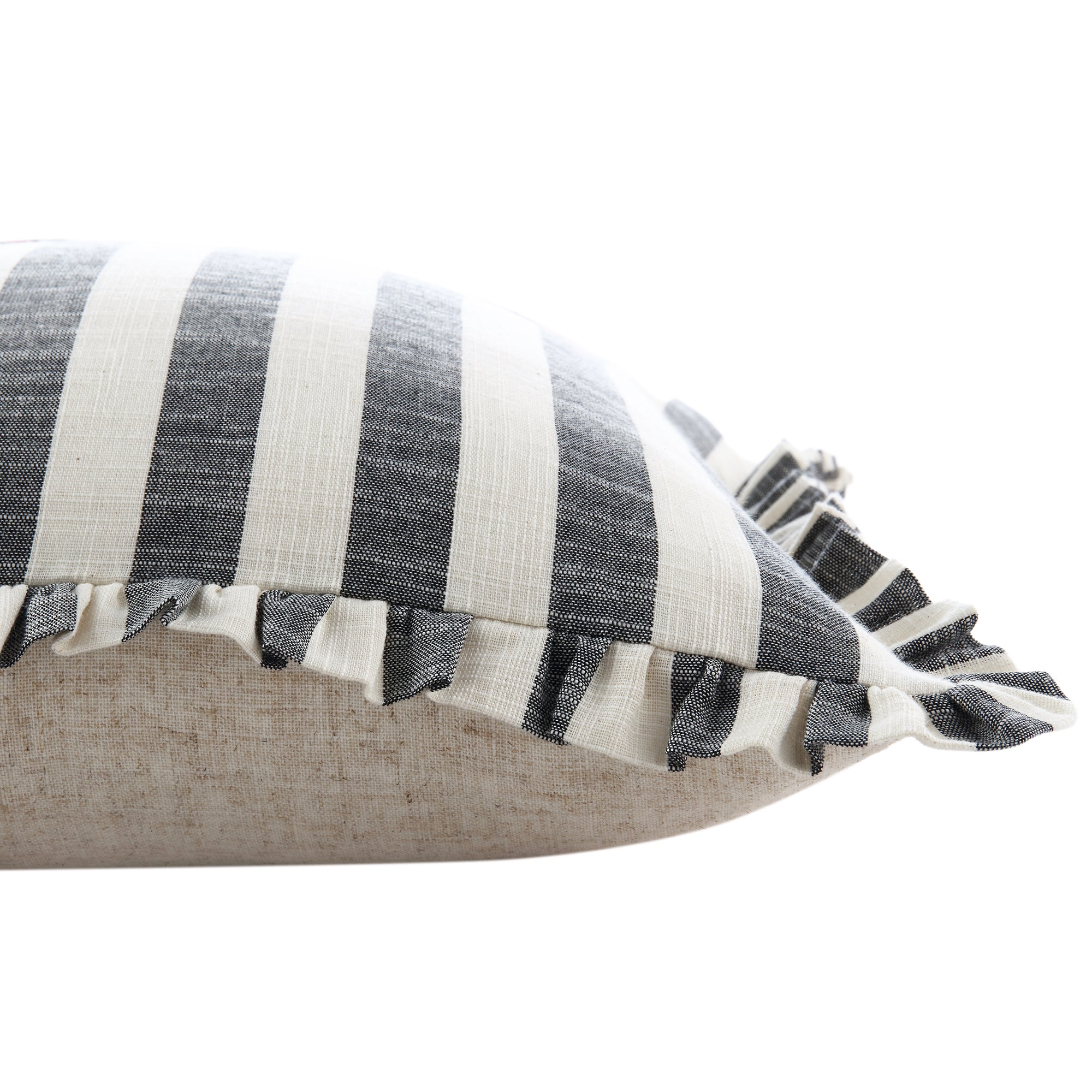 Edith Reversible Linen Blend Black Striped Frill Cushion - Image 7