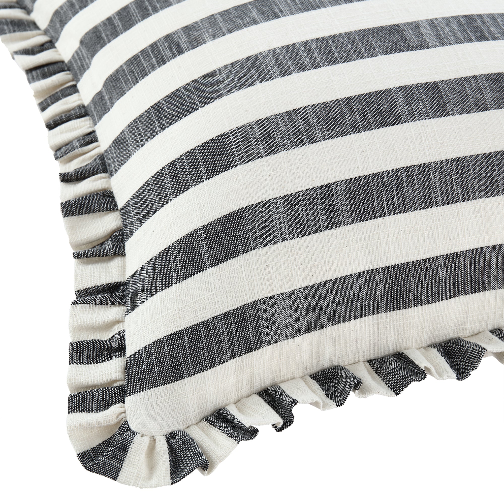 Edith Reversible Linen Blend Black Striped Frill Cushion - Image 8