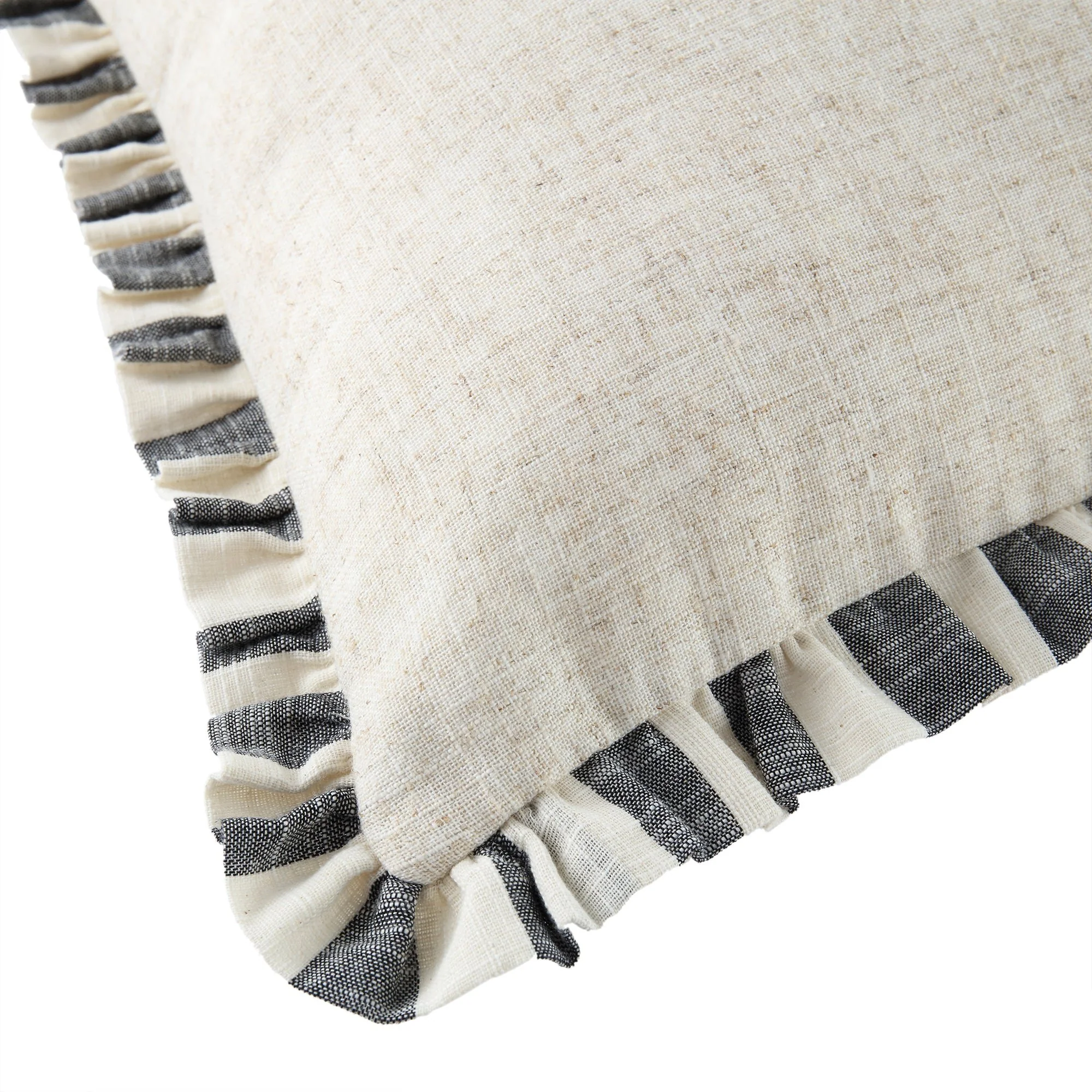 Edith Reversible Linen Blend Black Striped Frill Cushion - Image 9