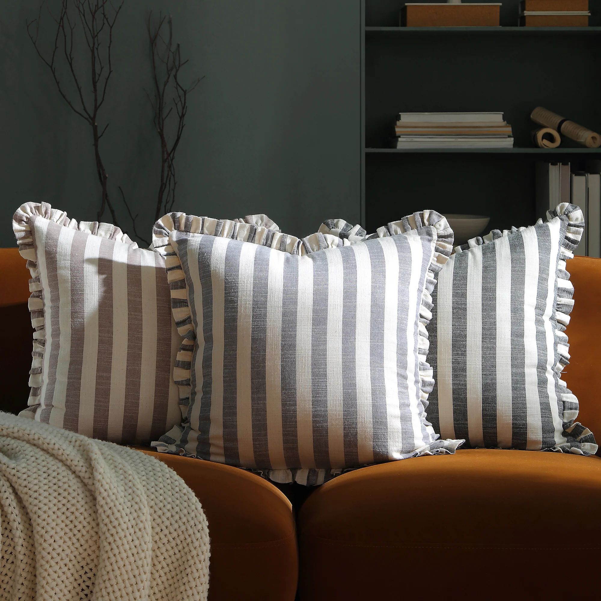 Edith Reversible Linen Blend Faded Denim Blue Striped Frill Cushion - Image 2