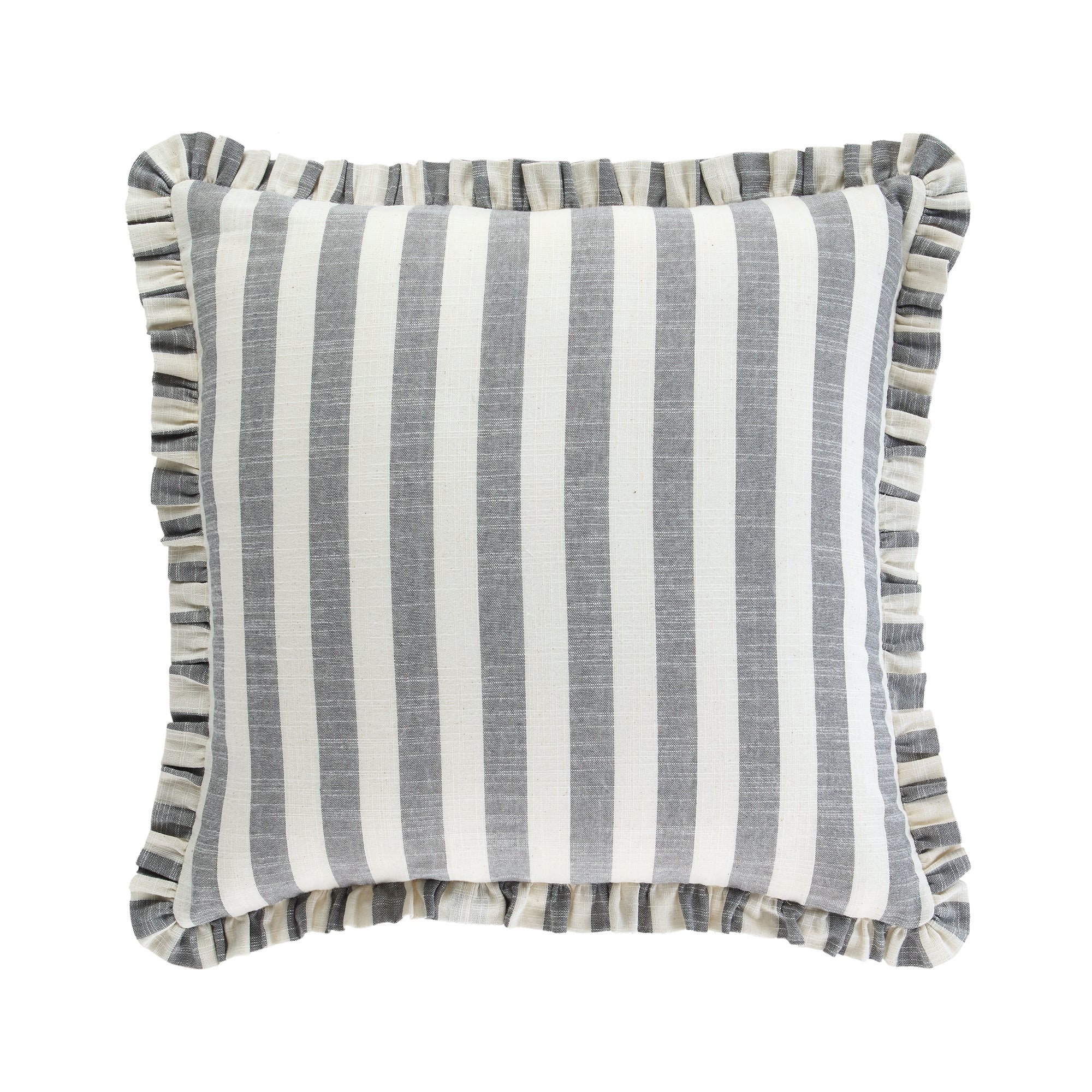 Edith Reversible Linen Blend Faded Denim Blue Striped Frill Cushion - Image 3