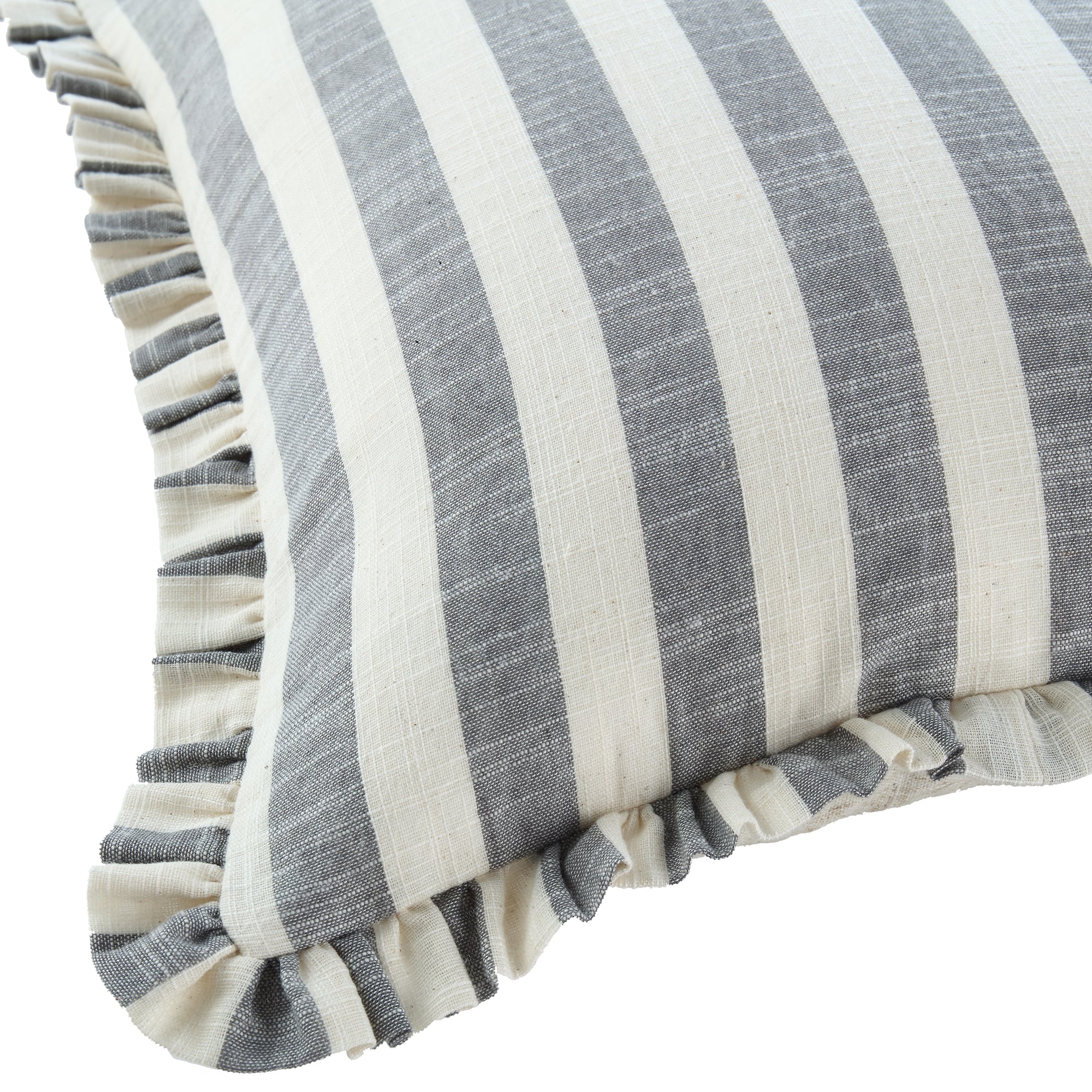 Edith Reversible Linen Blend Faded Denim Blue Striped Frill Cushion - Image 6