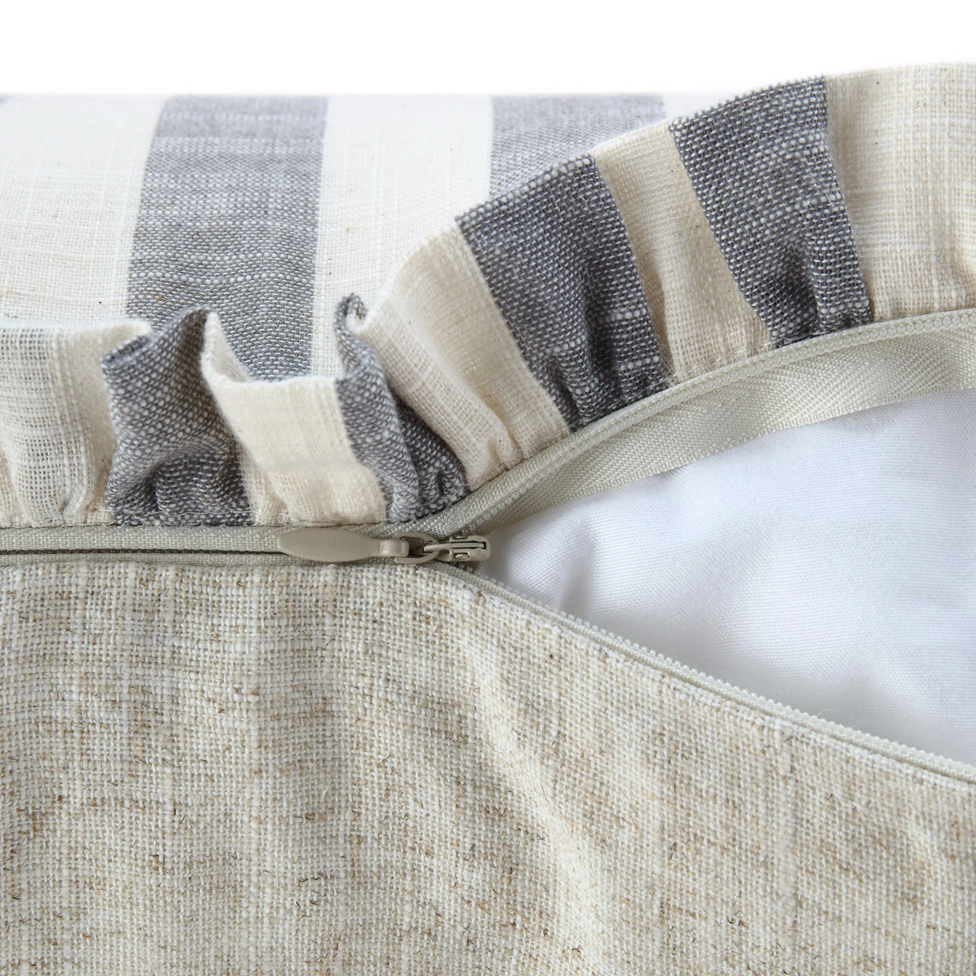 Edith Reversible Linen Blend Faded Denim Blue Striped Frill Cushion - Image 9