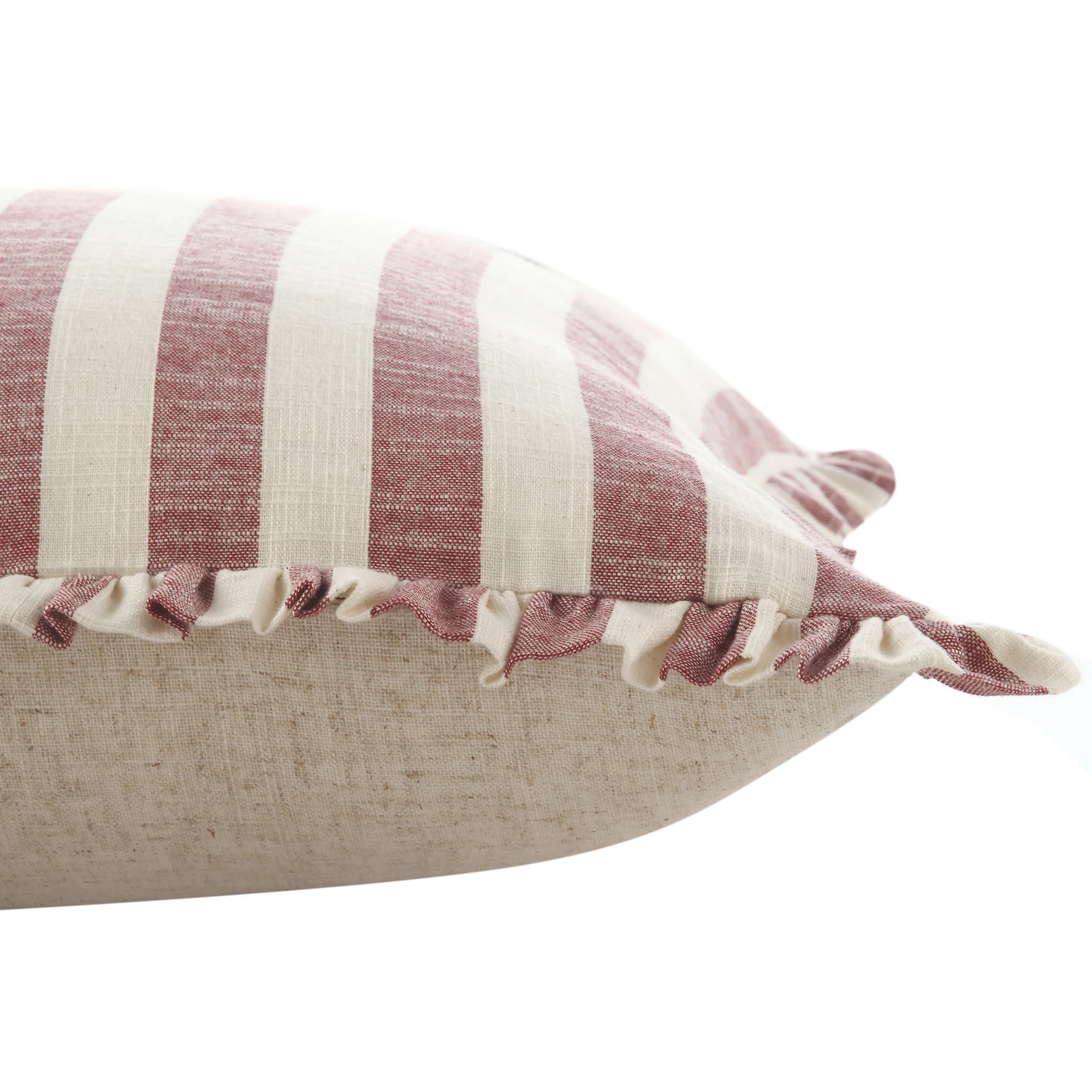 Edith Reversible Linen Blend Red Striped Frill Cushion - Image 3