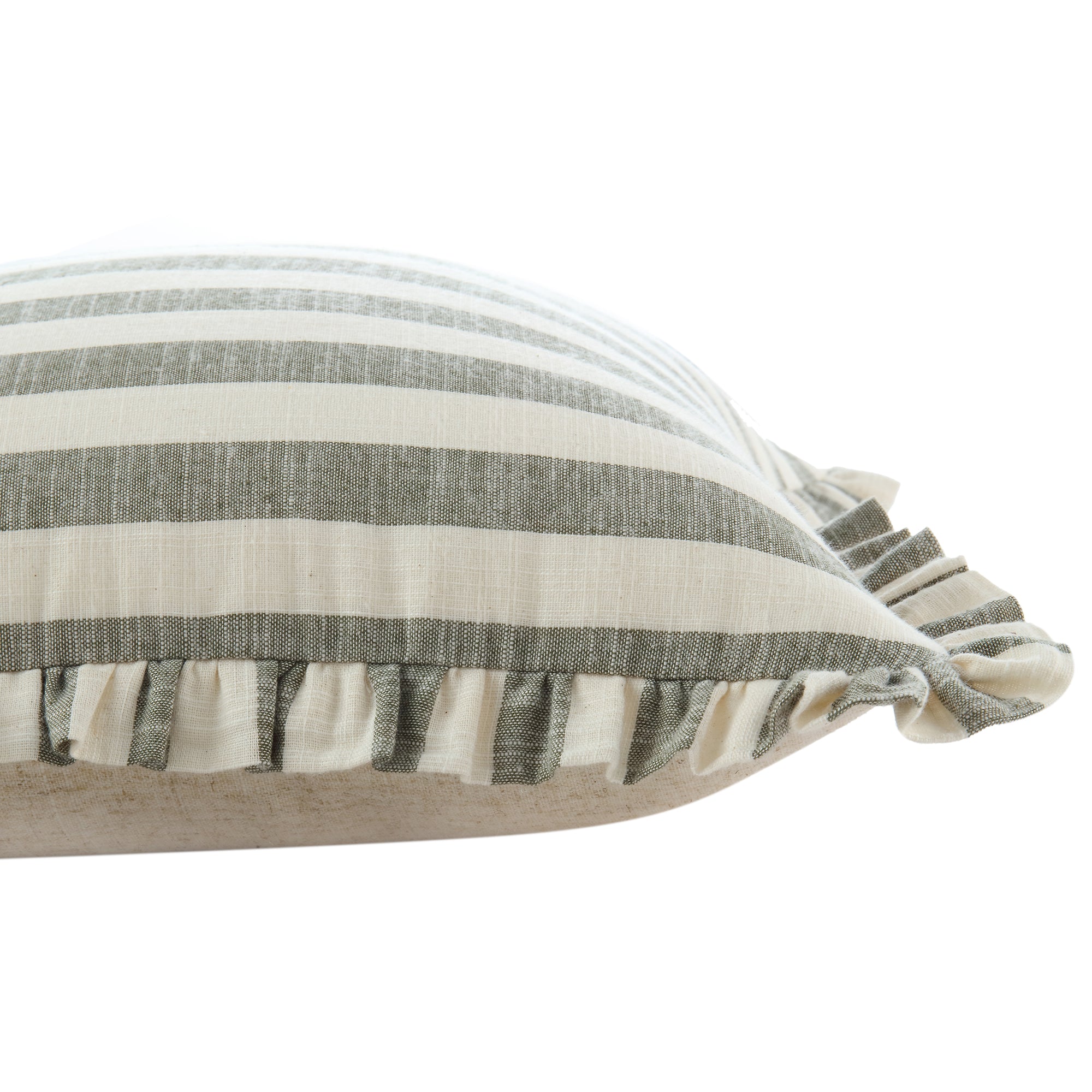 Edith Reversible Linen Blend Sage Green Striped Frill Cushion - Image 3