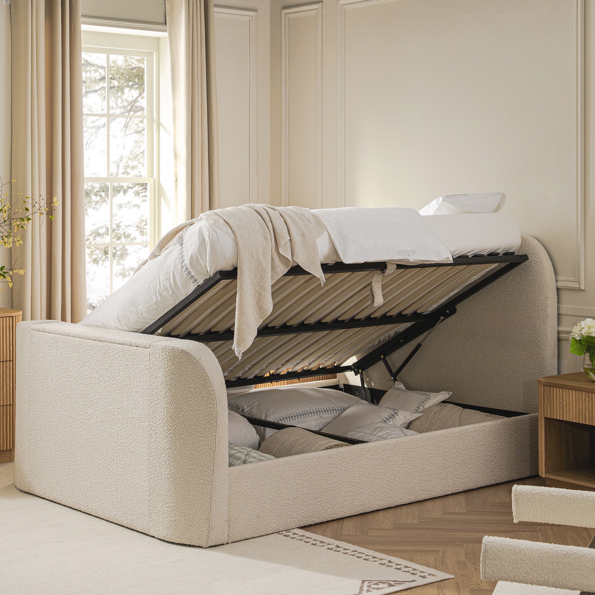 Egerie Curved Headboard Beige Boucle Ottoman TV Bed - Image 6