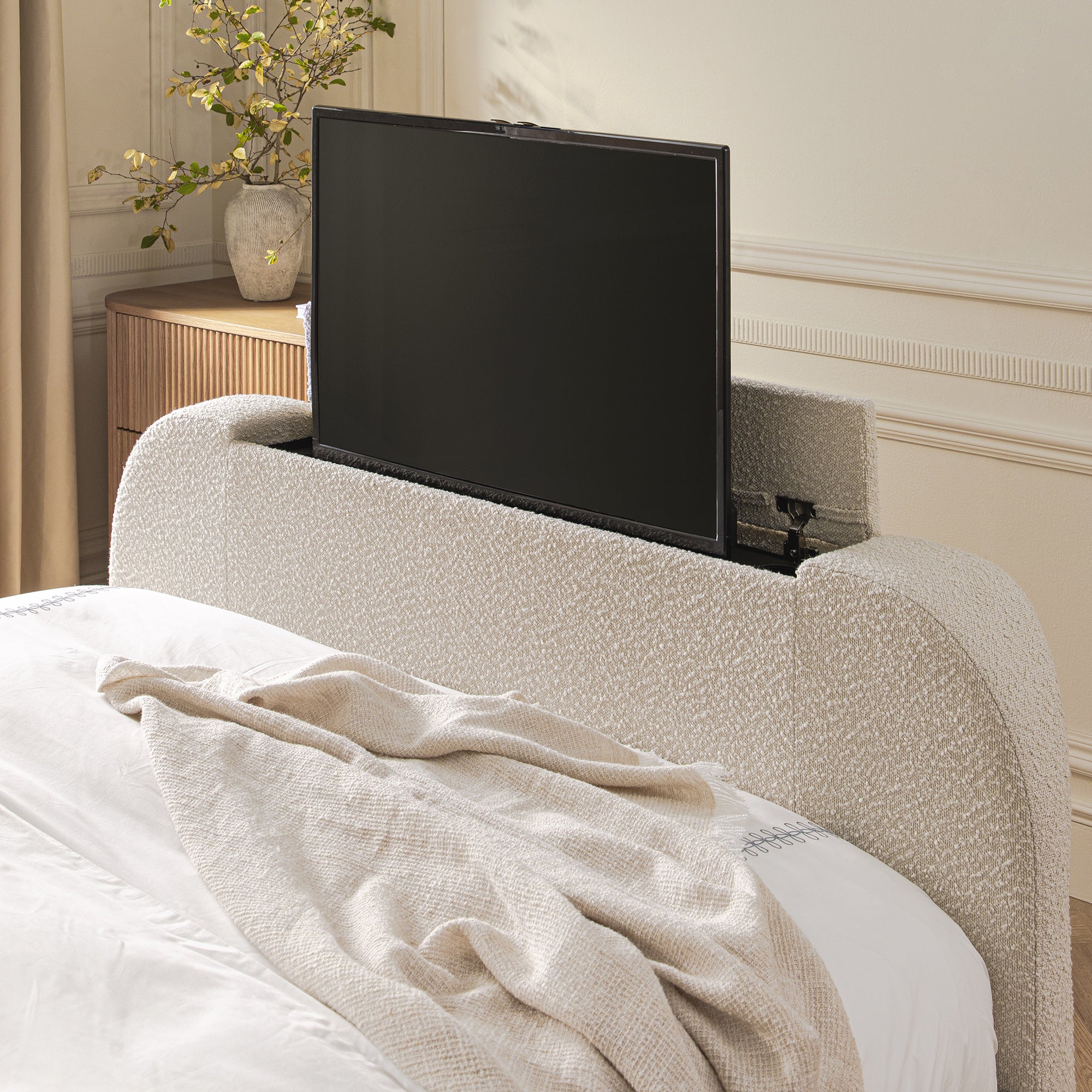 Egerie Curved Headboard Beige Boucle Ottoman TV Bed - Image 9