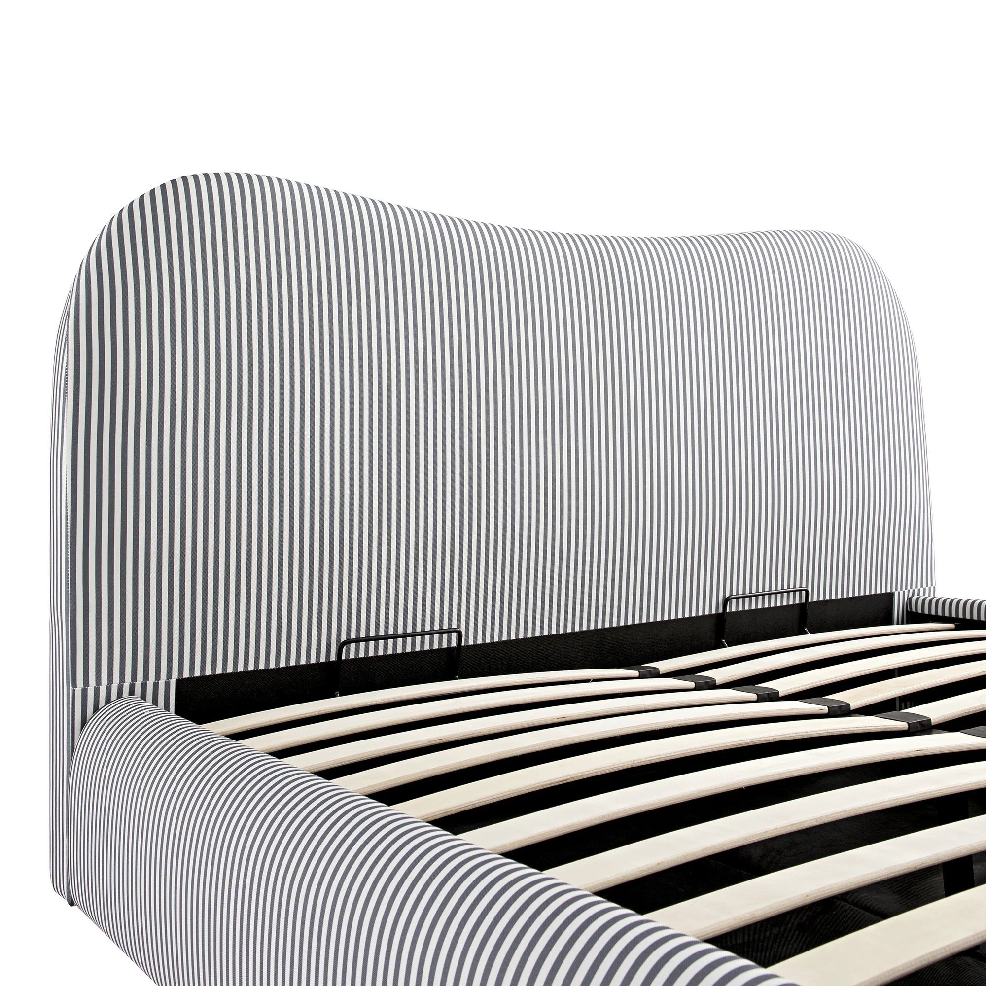Egerie Curved Headboard Slate Blue Striped Fabric Ottoman Storage Bed - Image 14