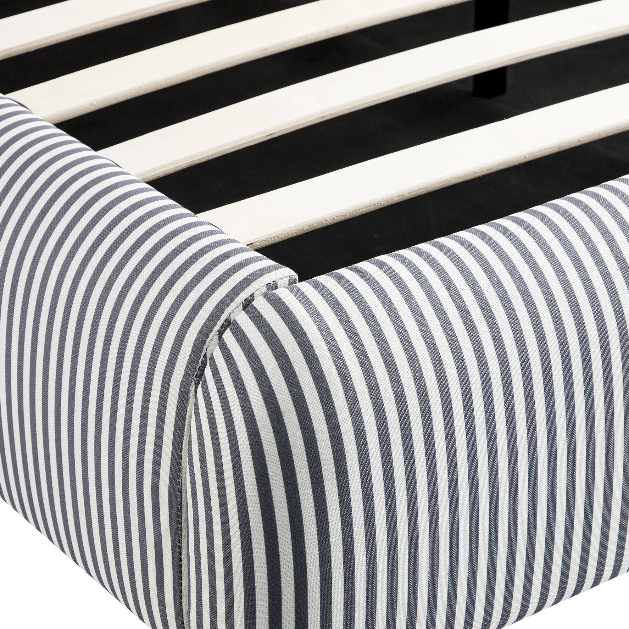 Egerie Curved Headboard Slate Blue Striped Fabric Ottoman Storage Bed - Image 17