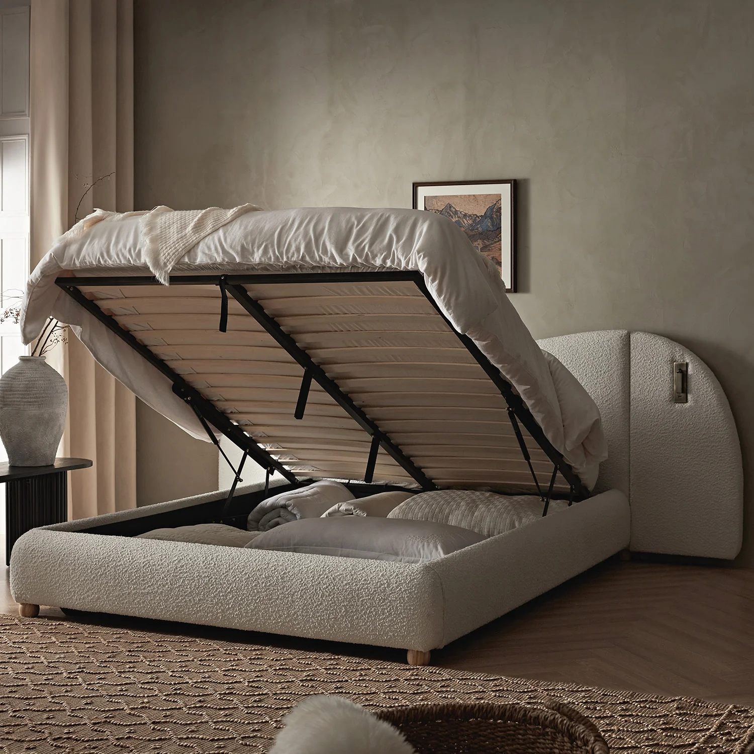 Egerie Extended Headboard Ottoman Storage Bed, Beige Boucle - Image 7