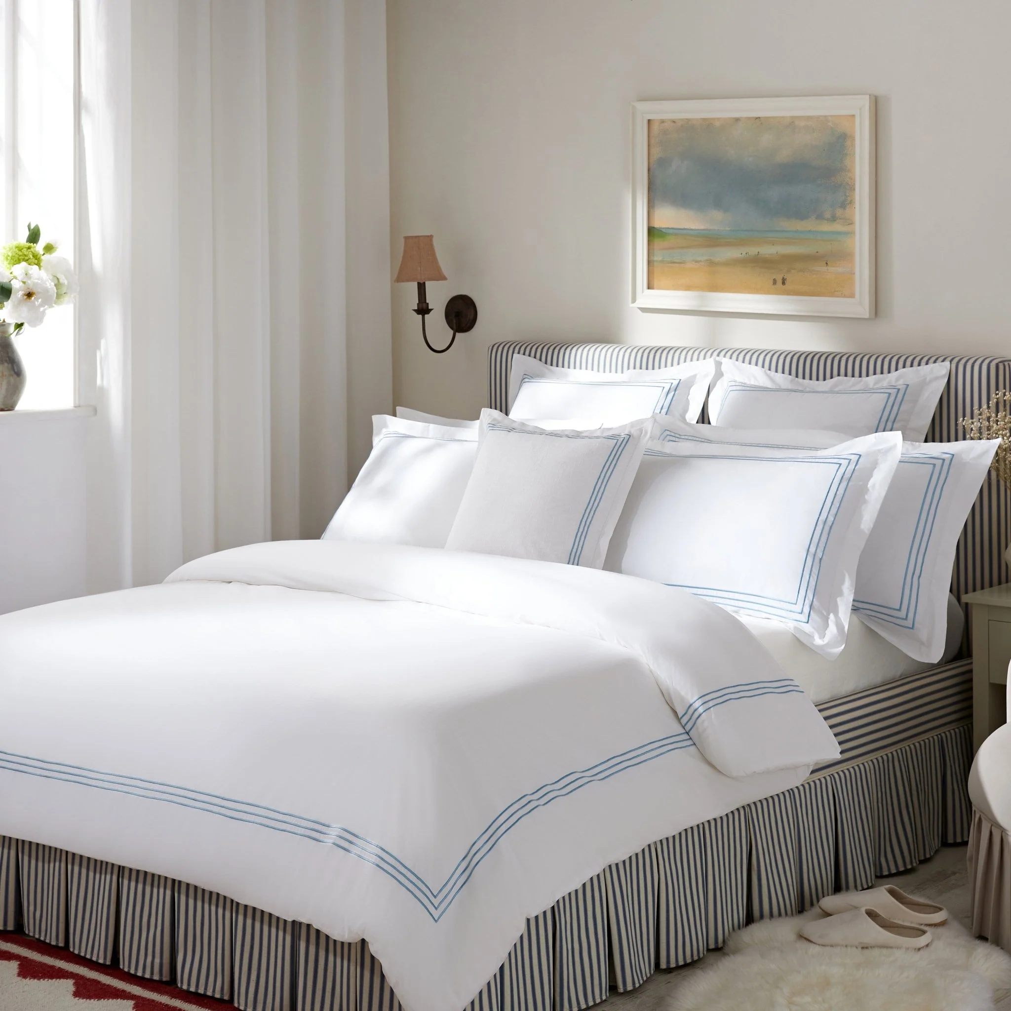 Egerton Box-Pleat Ottoman Storage Bed, Blue Striped Linen - Image 2