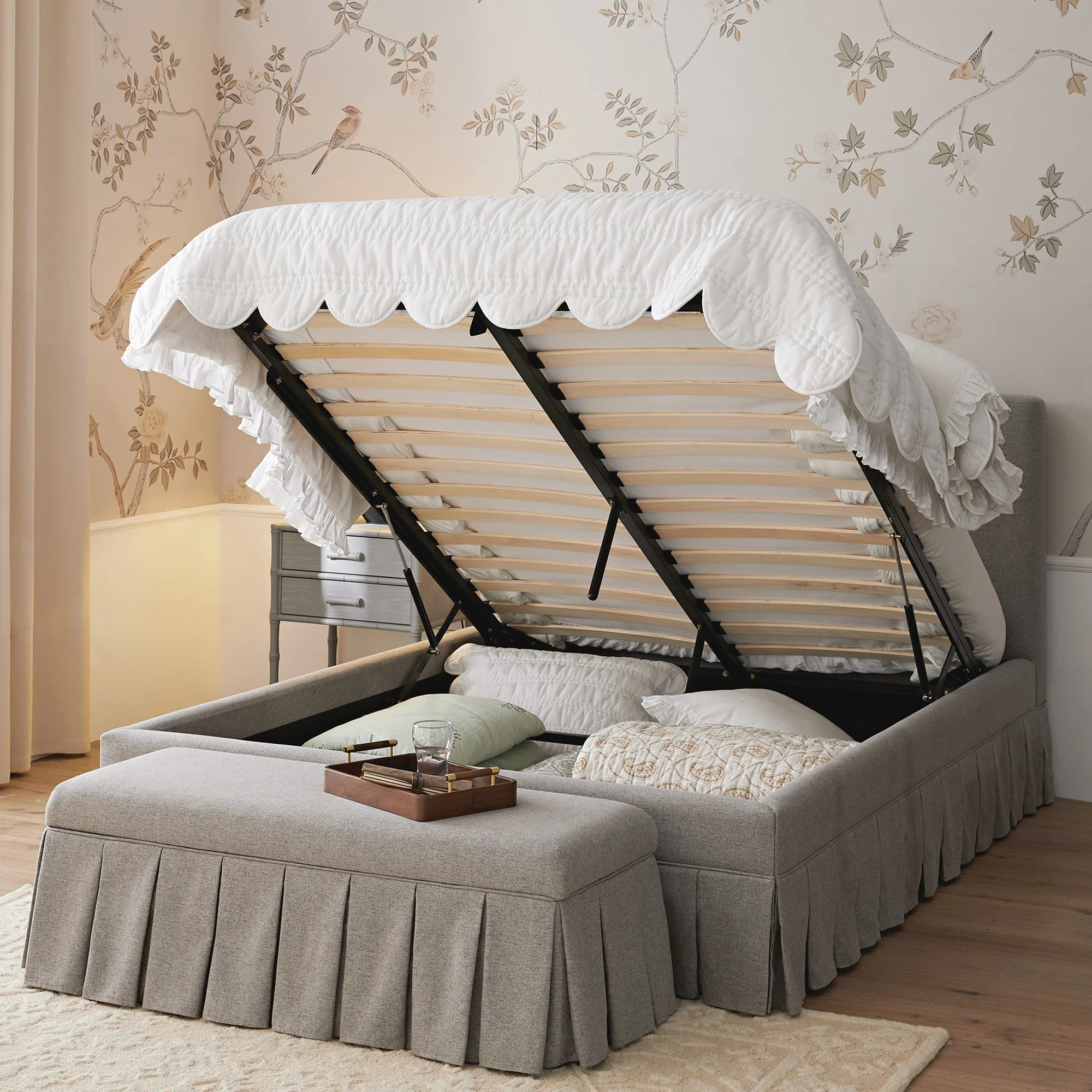 Egerton Box-Pleat Ottoman Storage Bed, Stone Brushed Fabric - Image 3
