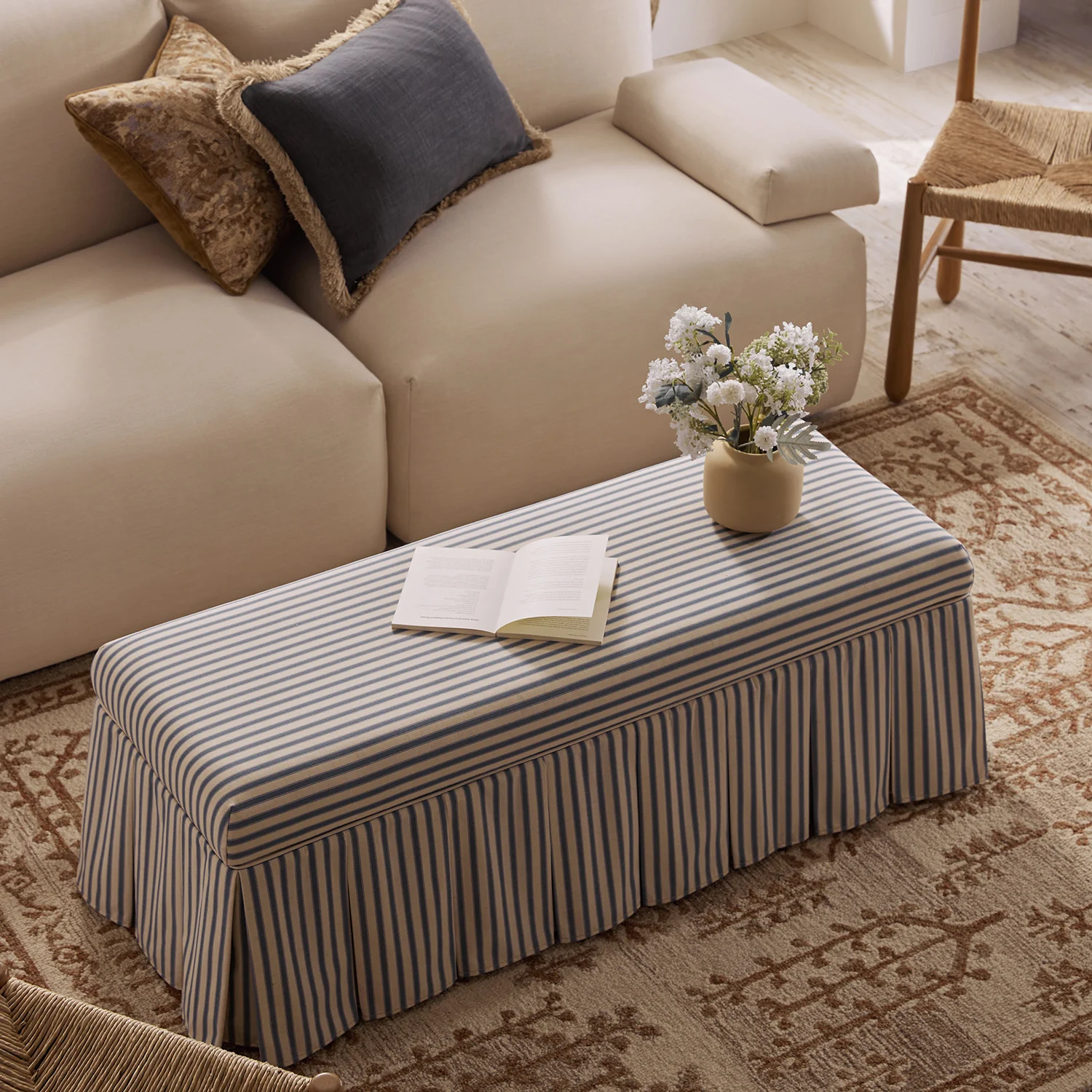Egerton Box-Pleat Storage Bench, Blue Striped Linen - Image 3