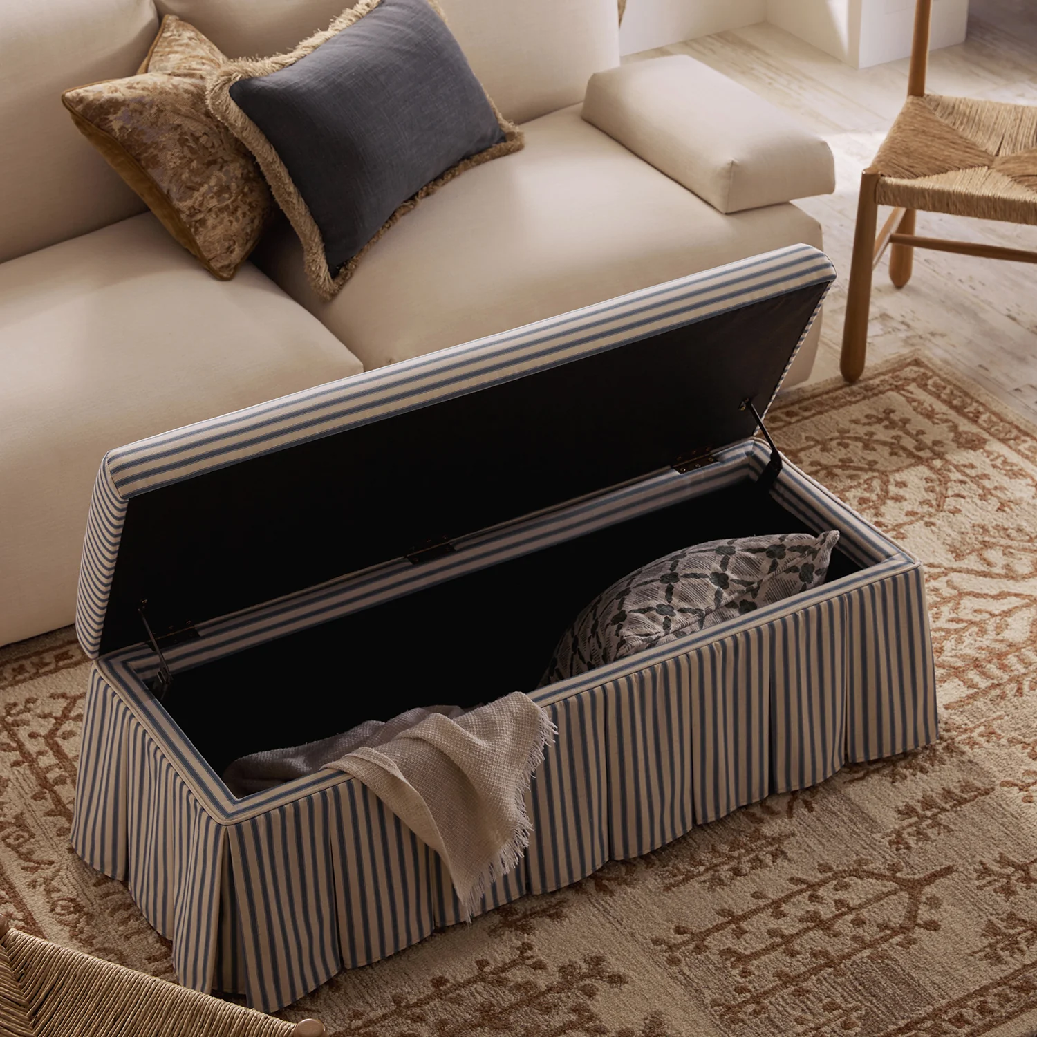 Egerton Box-Pleat Storage Bench, Blue Striped Linen - Image 4