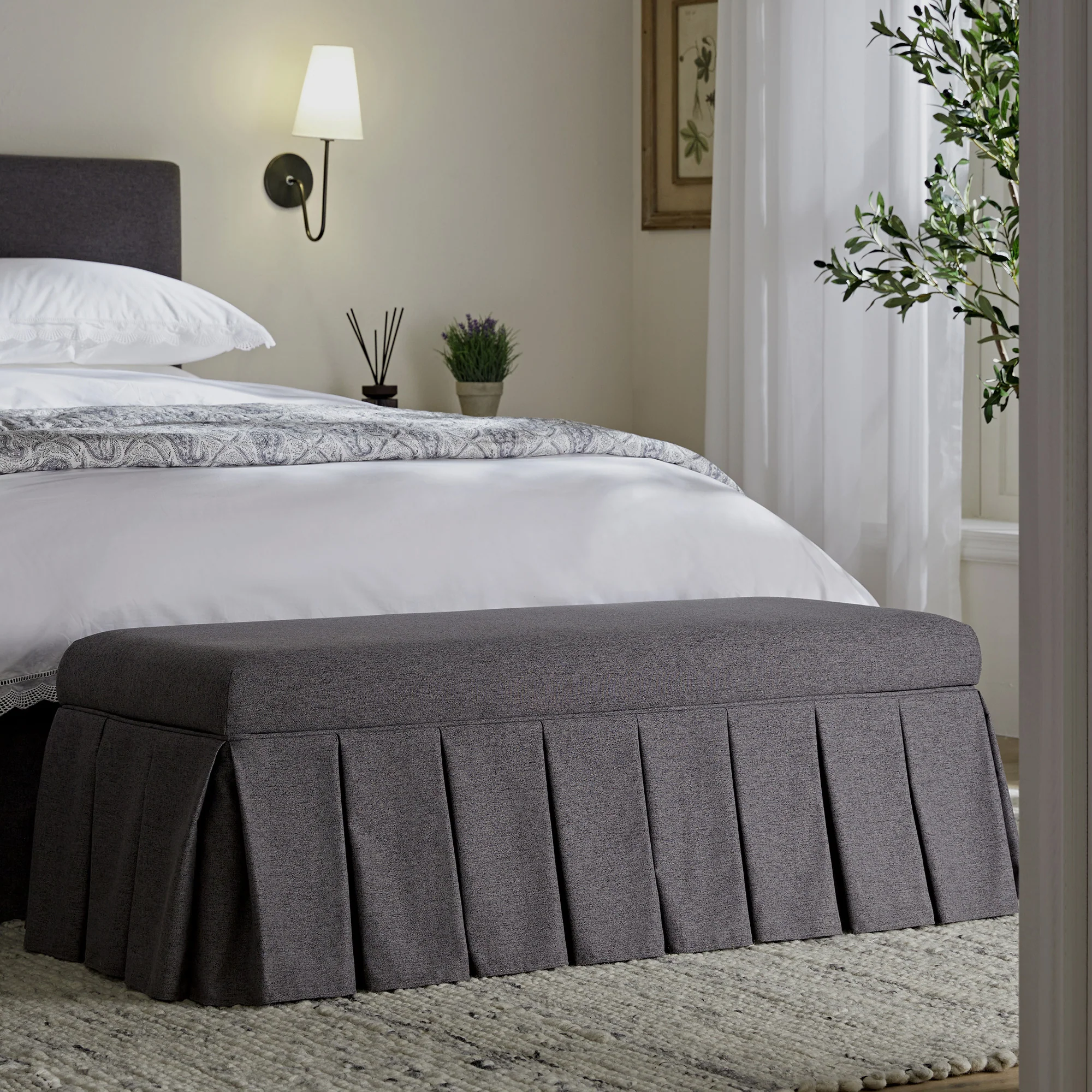 Egerton Box-Pleat Storage Bench, Charcoal Brushed Fabric - Image 2