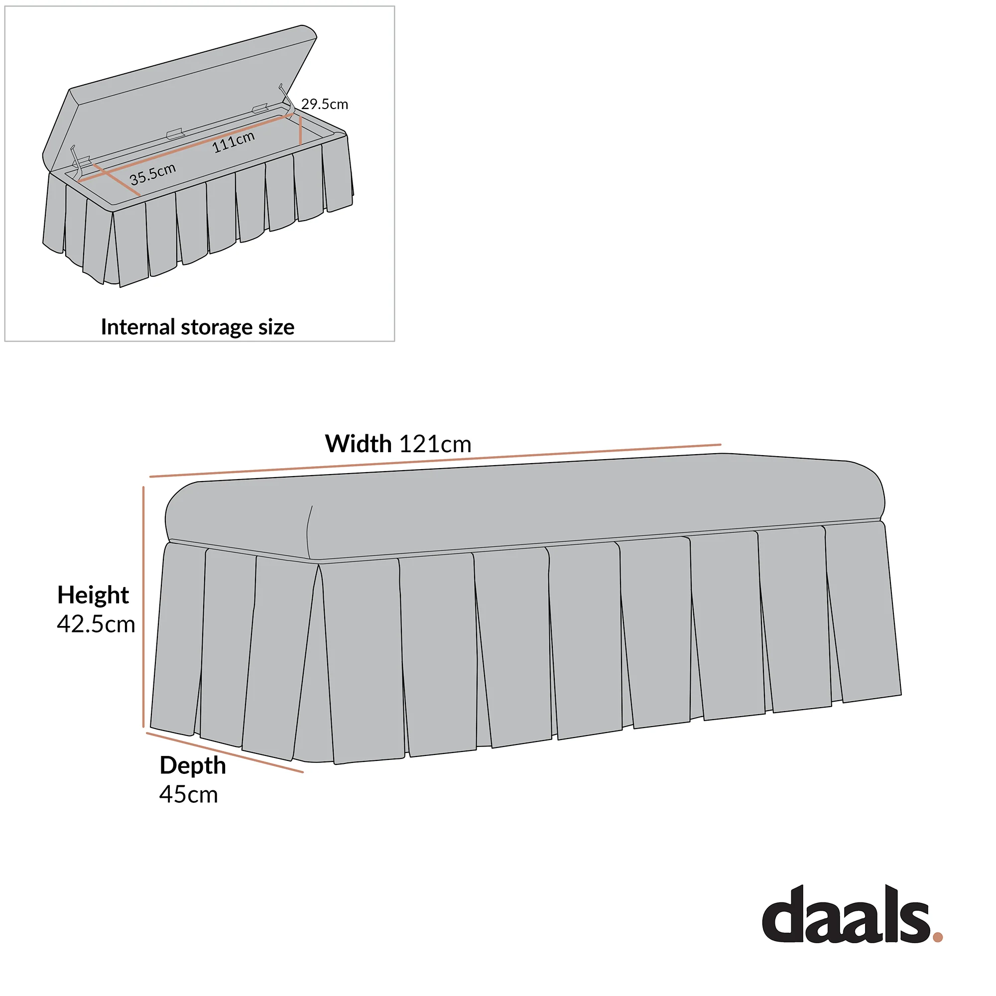 Egerton Box-Pleat Storage Bench, Charcoal Brushed Fabric - Image 9