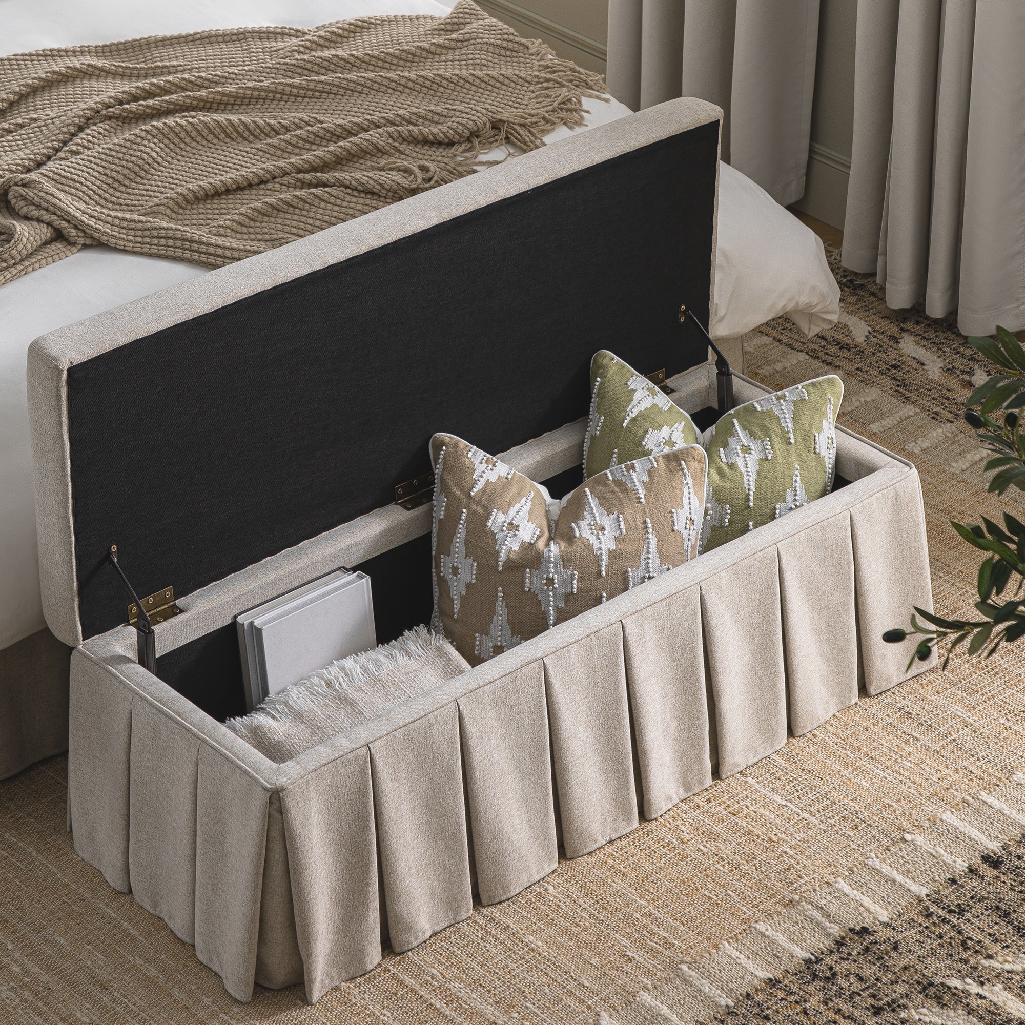 Egerton Box-Pleat Storage Bench, Oatmeal Brushed Fabric - Image 3