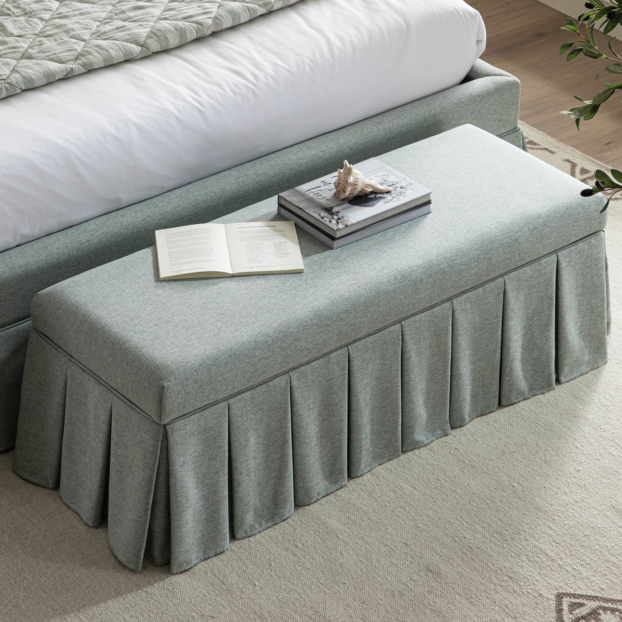 Egerton Box-Pleat Storage Bench, Pale Aqua Brushed Fabric - Image 3