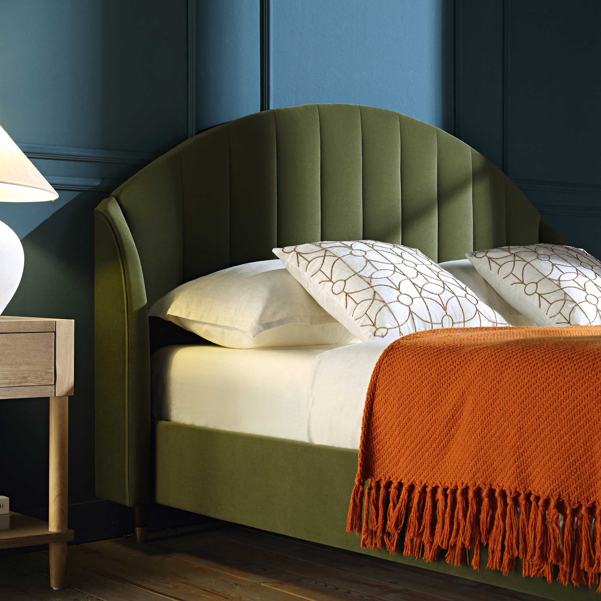 Eleanor Moss Green Velvet Upholstered Bed Frame with Domed Headboard - Image 3