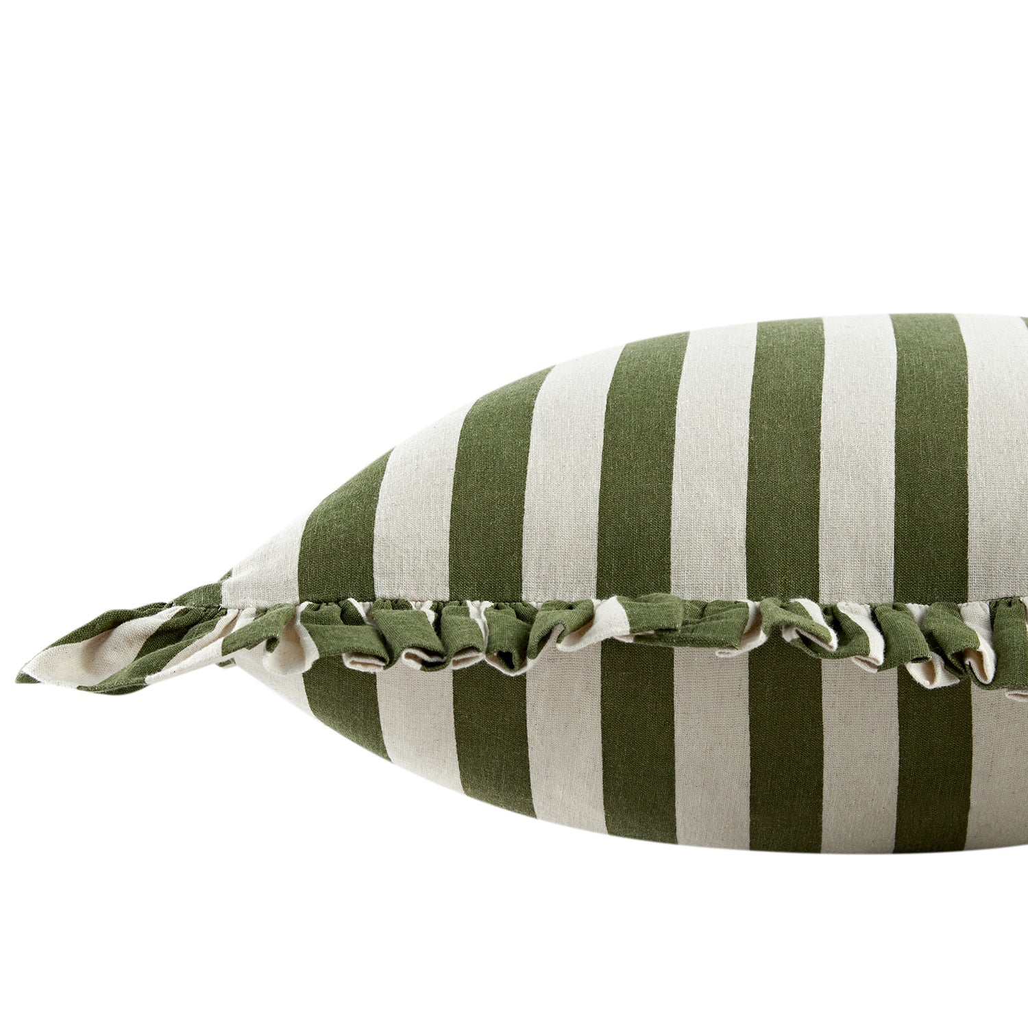 Eliza Olive Green Striped Ruffle Linen Blend Cushion - Image 2