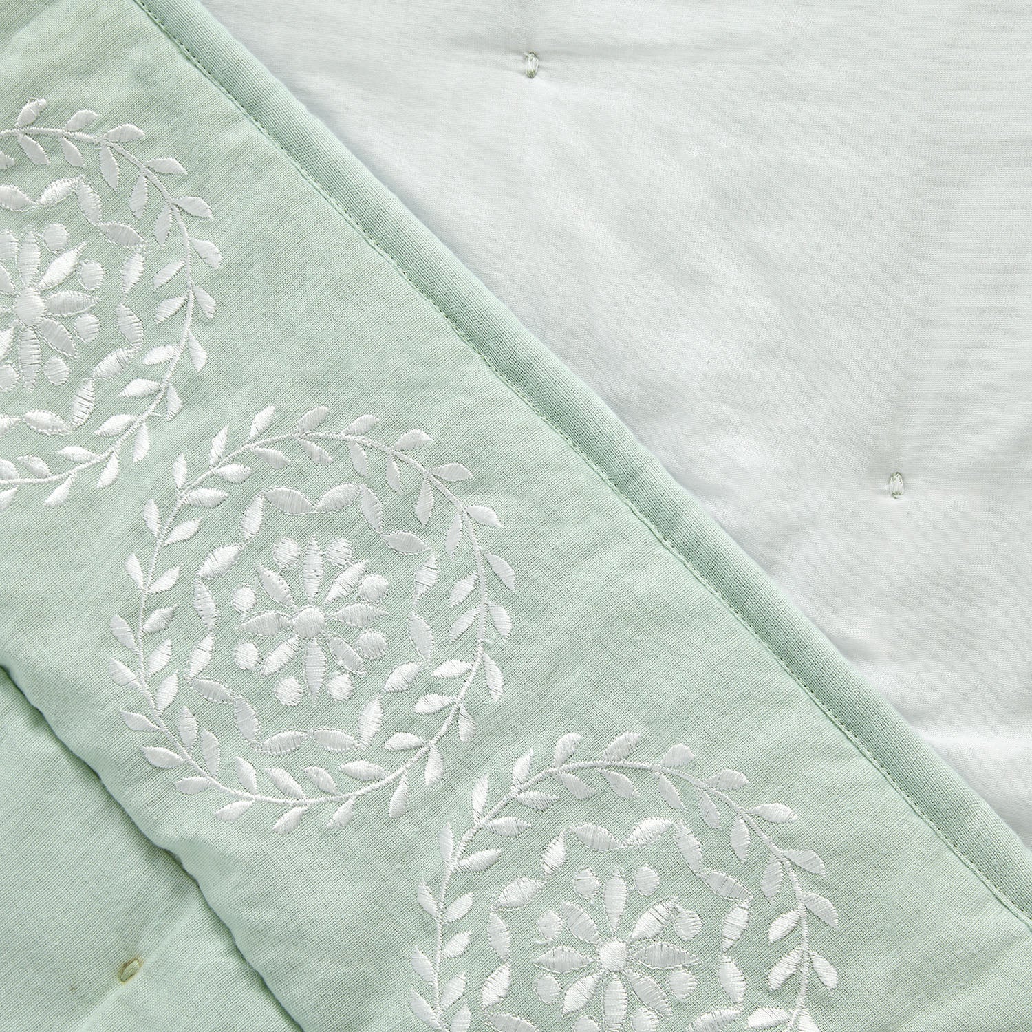 Elodie Seafoam Green Floral Embroidered Quilted Linen Blend Bedspread - Image 4