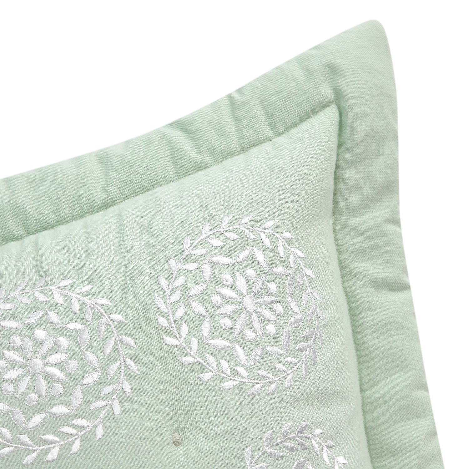 Elodie Seafoam Green Floral Embroidered Quilted Linen Blend Continental Square Pillowcases - Pair - Image 2