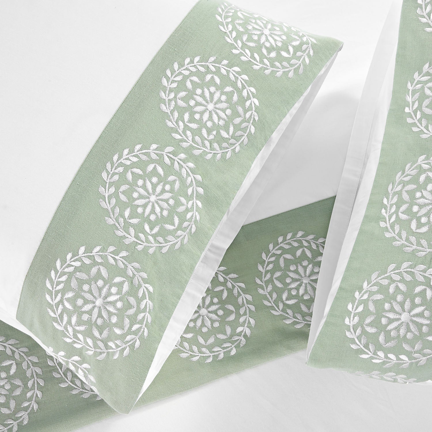 Elodie White & Seafoam Green Floral Embroidered 300 Thread Count Cotton Percale Duvet Set - Image 4