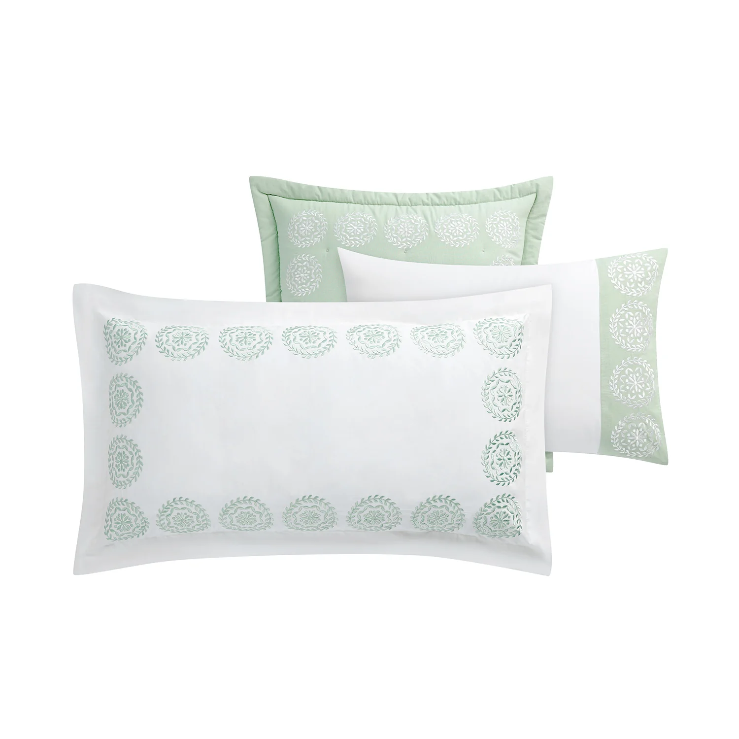 Elodie White & Seafoam Green Floral Embroidered 300 Thread Count Cotton Percale King Size Oxford Pillowcases - Pair - Image 2