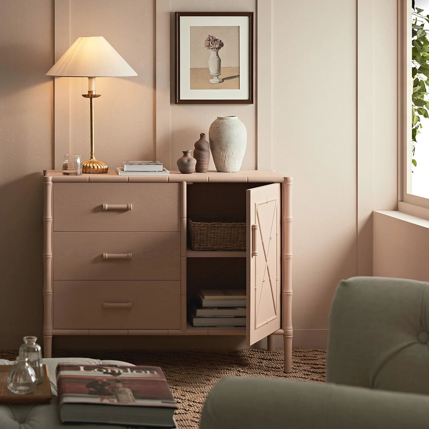 Elstowe Faux Bamboo 1-Door 3-Drawer Sideboard, Nude Pink - Image 3
