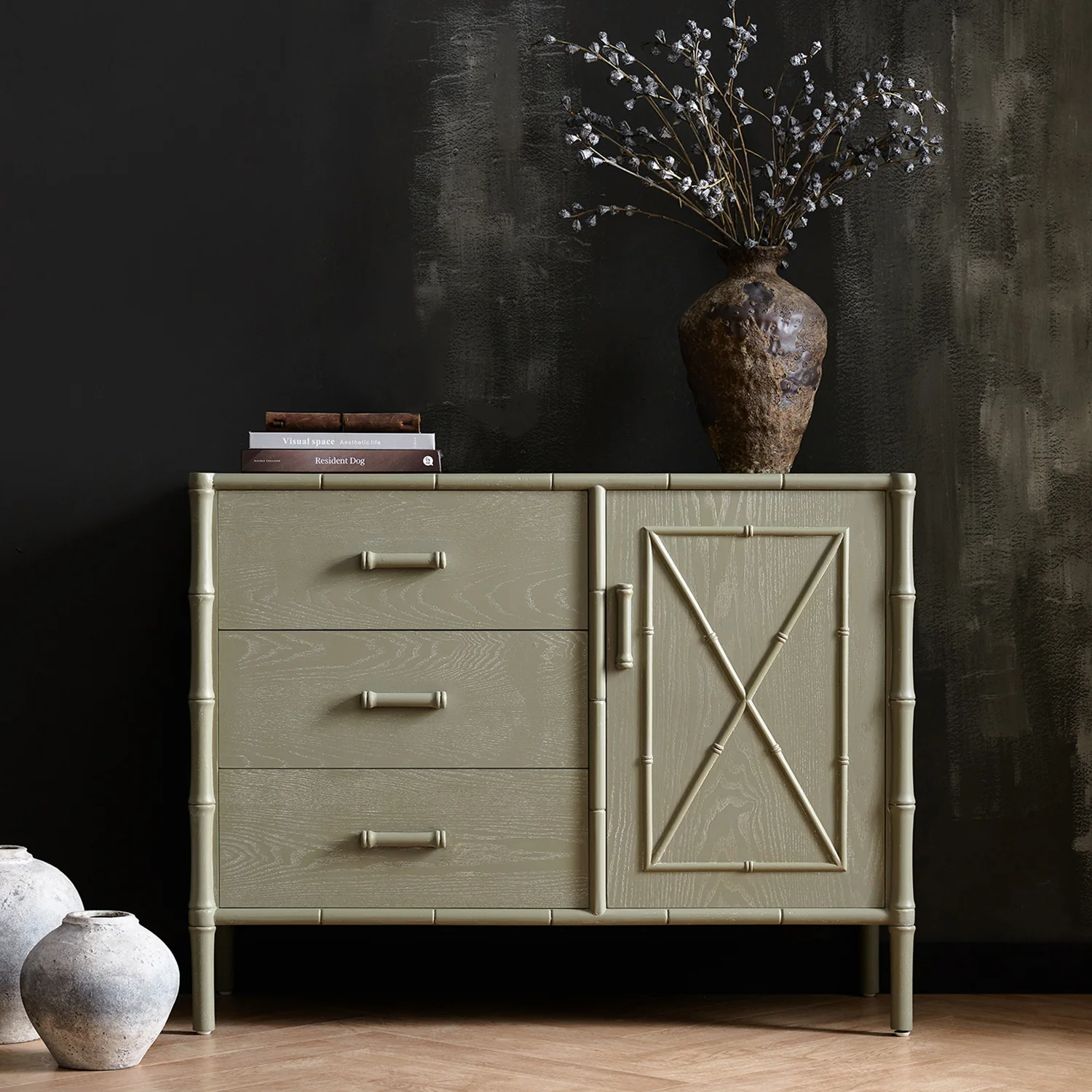 Elstowe Faux Bamboo 1-Door 3-Drawer Sideboard, Sage Green