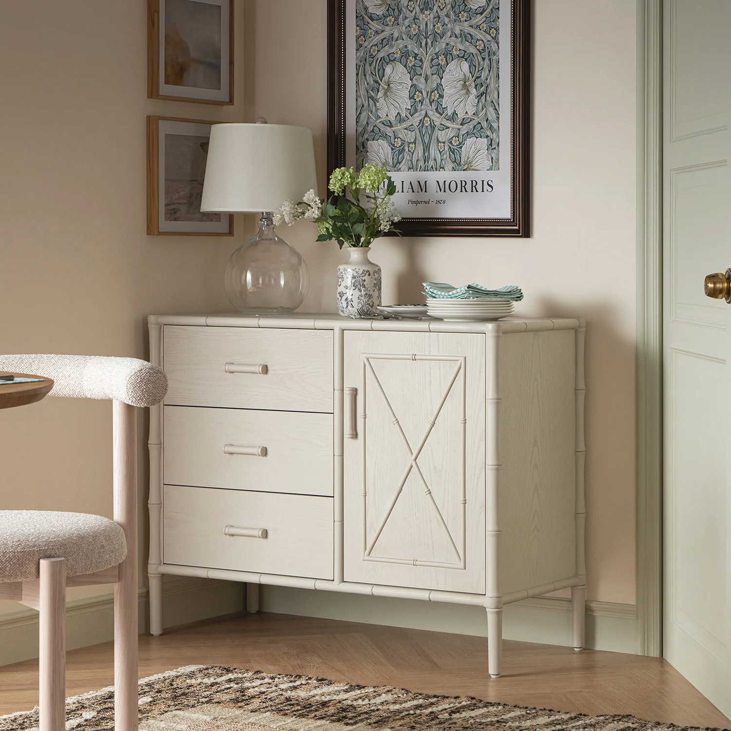 Elstowe Faux Bamboo 1-Door 3-Drawer Sideboard, Shaded White - Image 2