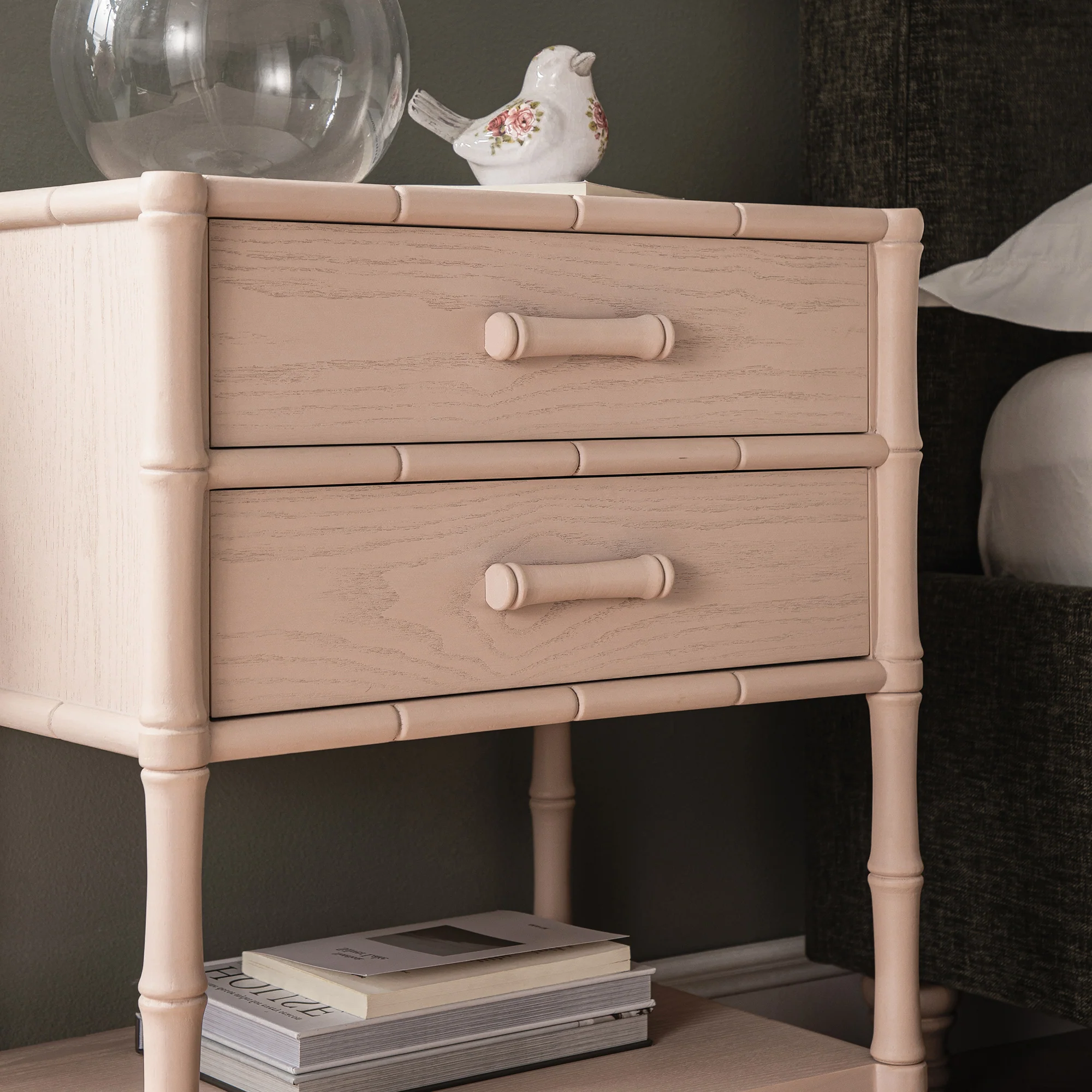 Elstowe Faux Bamboo 2-Drawer Bedside Table, Nude Pink - Image 3
