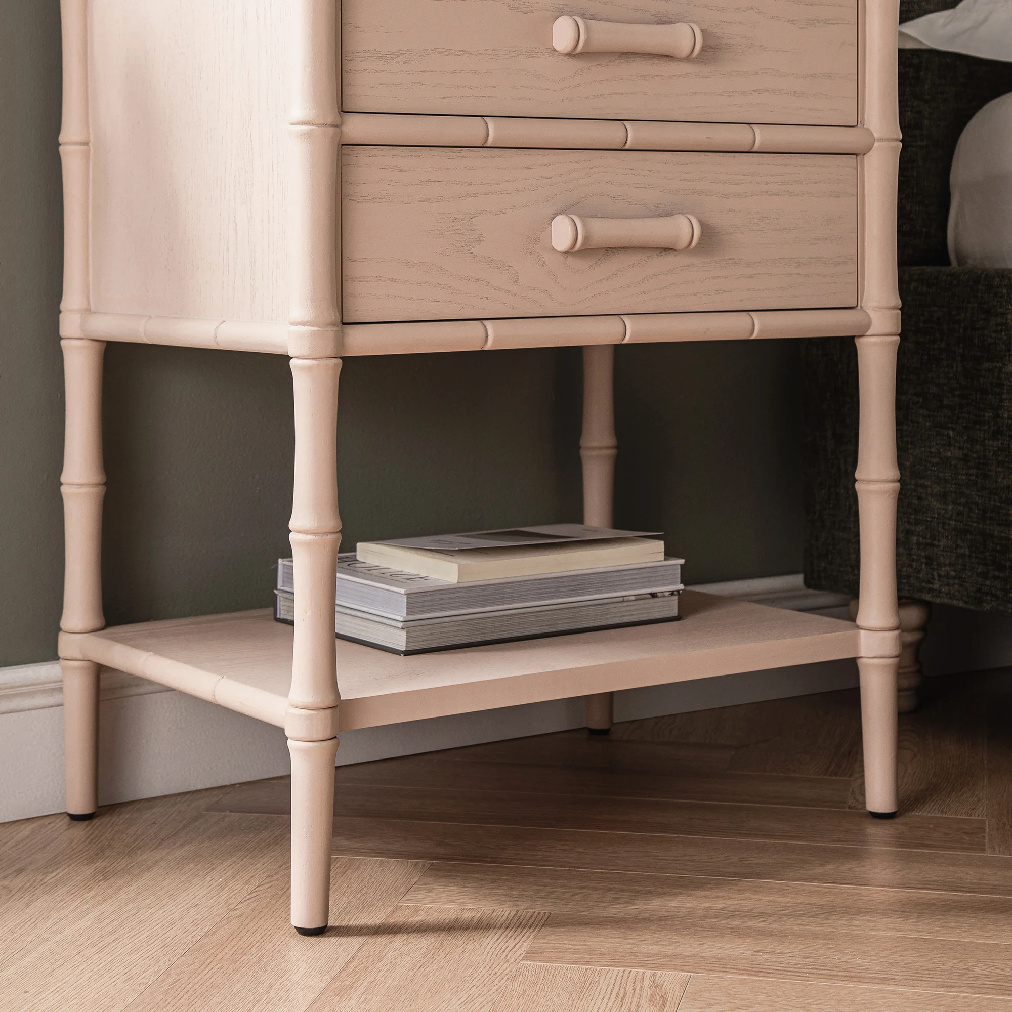 Elstowe Faux Bamboo 2-Drawer Bedside Table, Nude Pink - Image 4