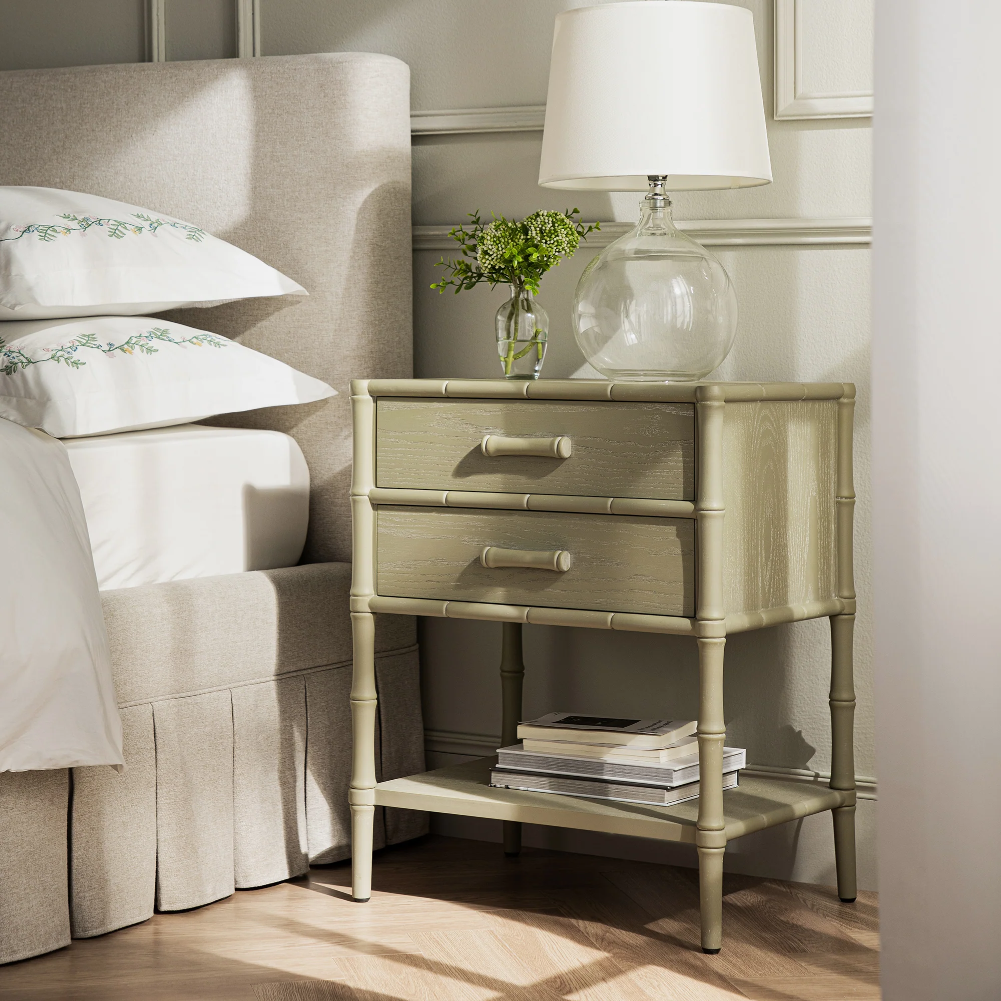 Elstowe Faux Bamboo 2-Drawer Bedside Table, Sage Green - Image 2