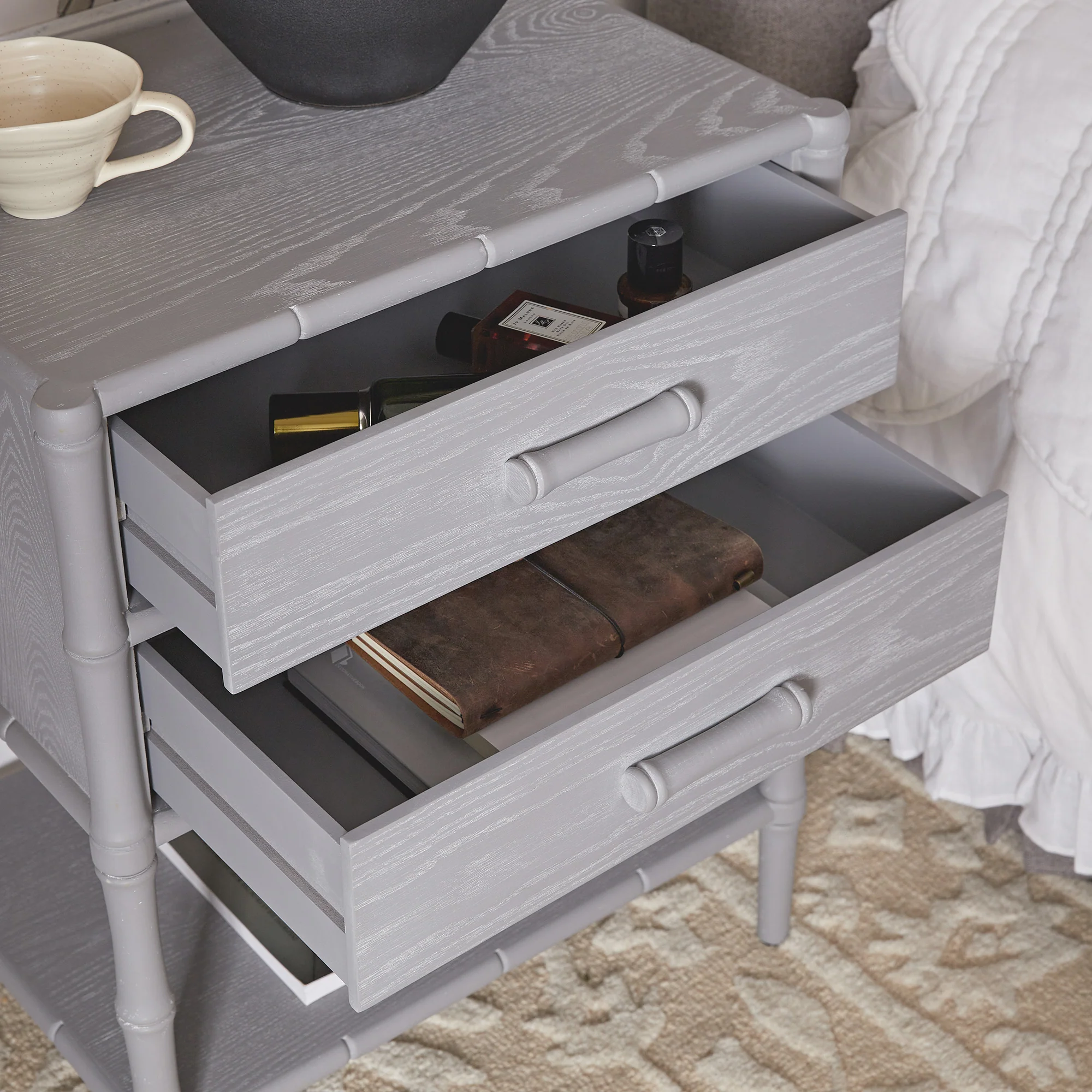 Elstowe Faux Bamboo 2-Drawer Bedside Table, Warm Grey - Image 4