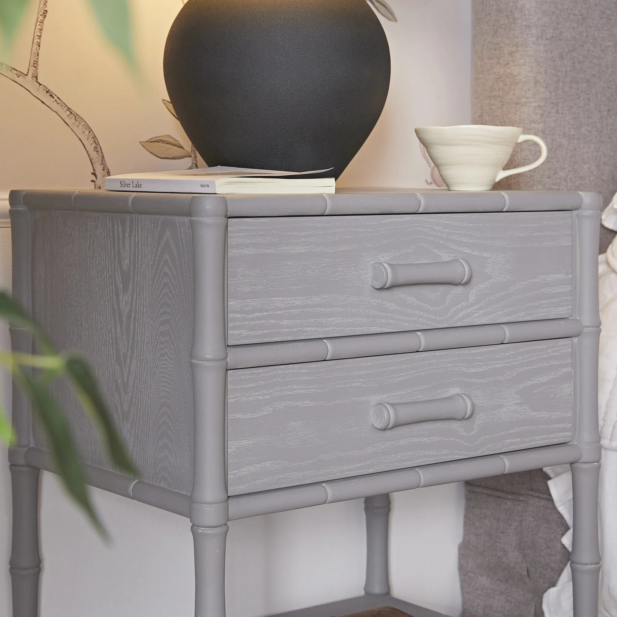 Elstowe Faux Bamboo 2-Drawer Bedside Table, Warm Grey - Image 5