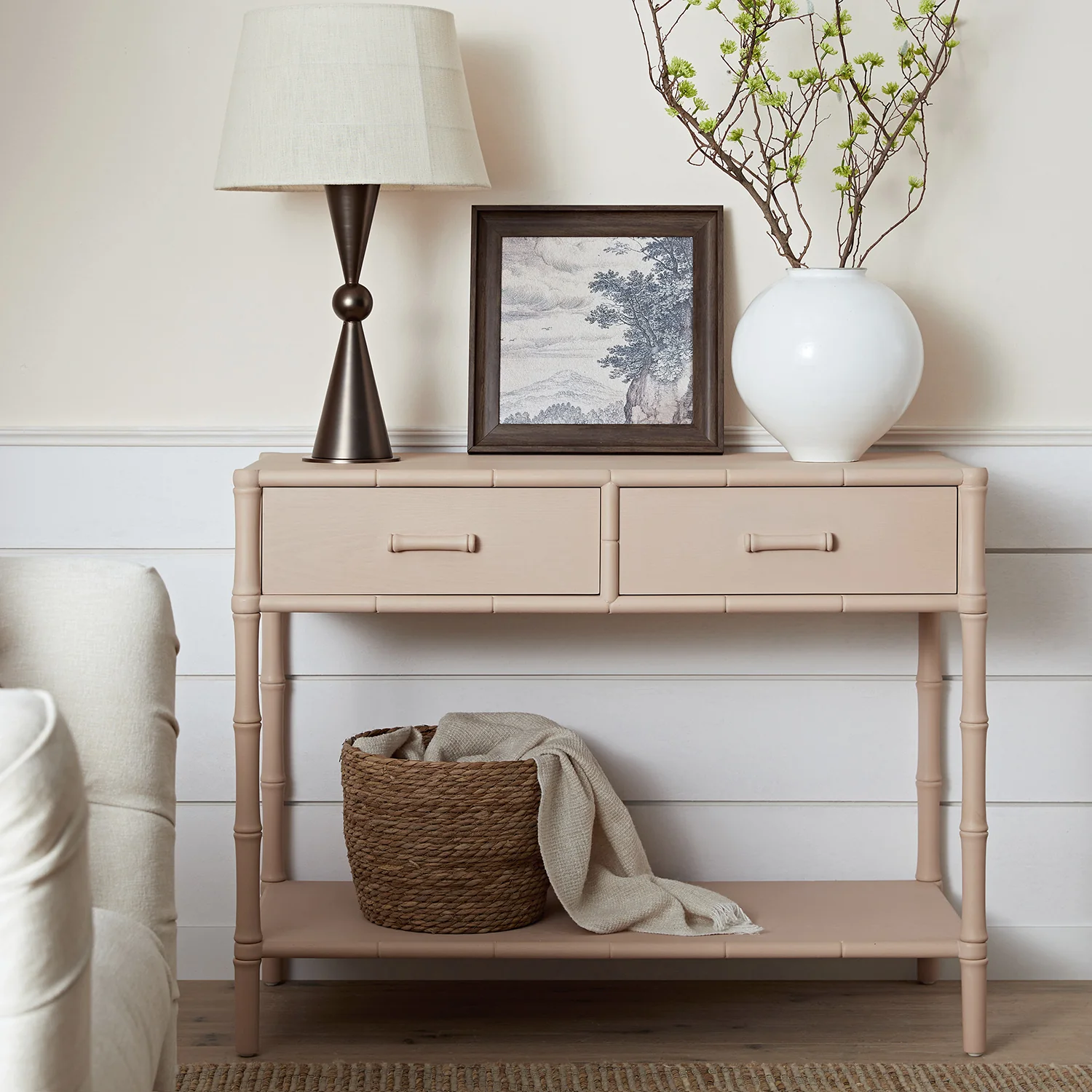 Elstowe Faux Bamboo 2-Drawer Console Table, Nude Pink - Image 2
