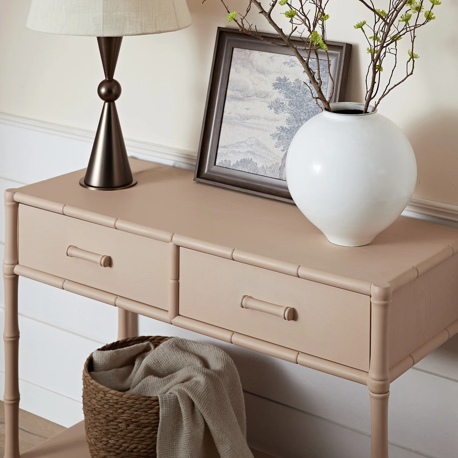 Elstowe Faux Bamboo 2-Drawer Console Table, Nude Pink - Image 3