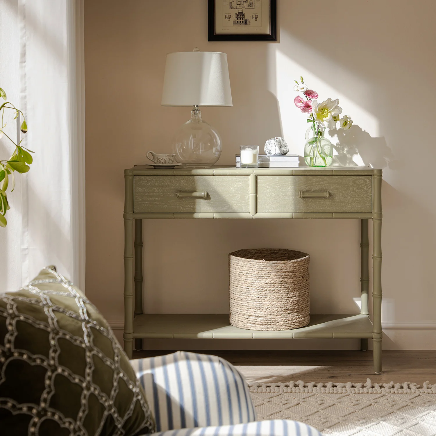 Elstowe Faux Bamboo 2-Drawer Console Table, Sage Green - Image 2