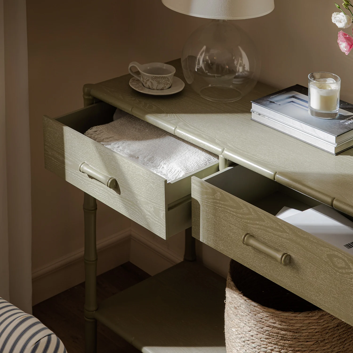 Elstowe Faux Bamboo 2-Drawer Console Table, Sage Green - Image 3