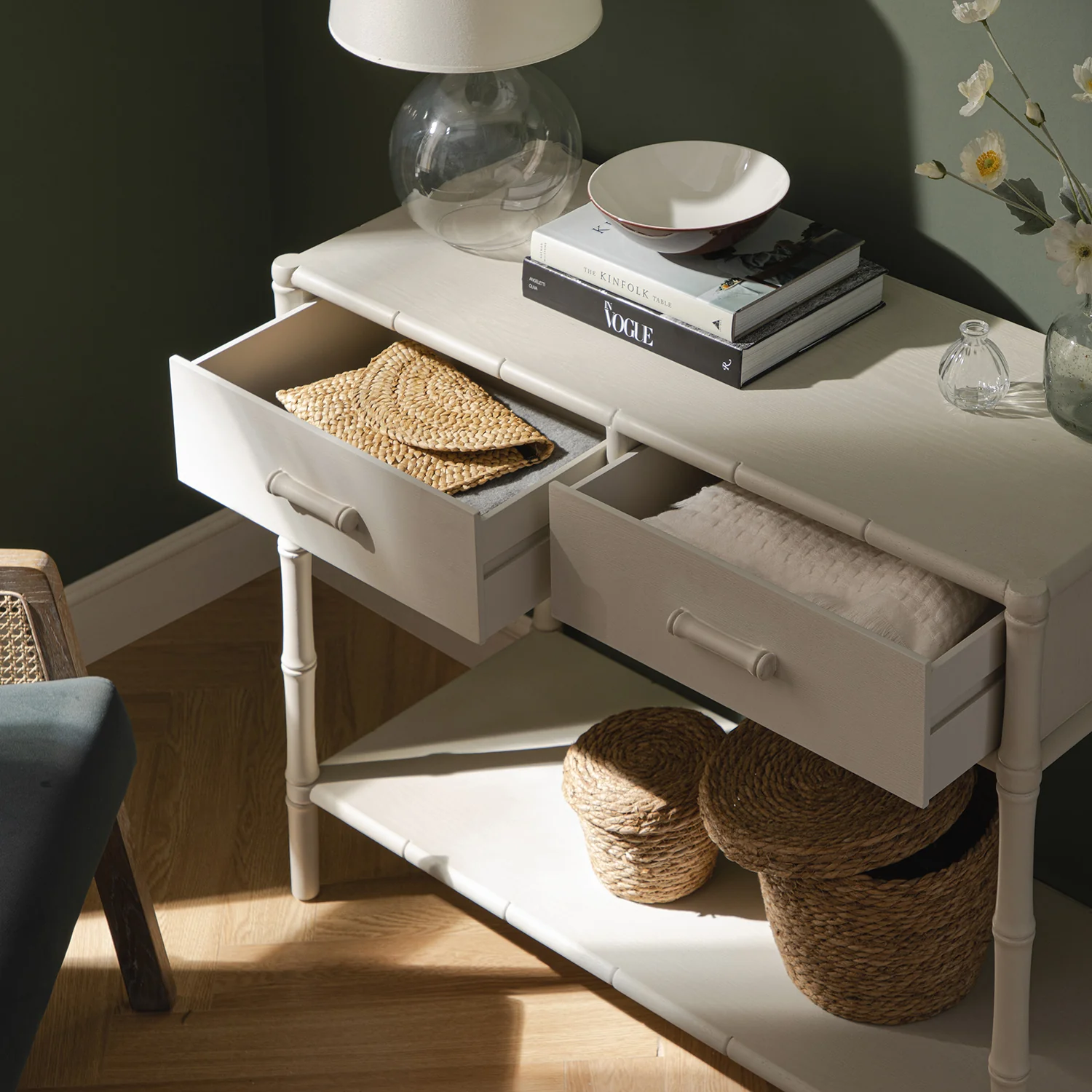 Elstowe Faux Bamboo 2-Drawer Console Table, Shaded White - Image 4