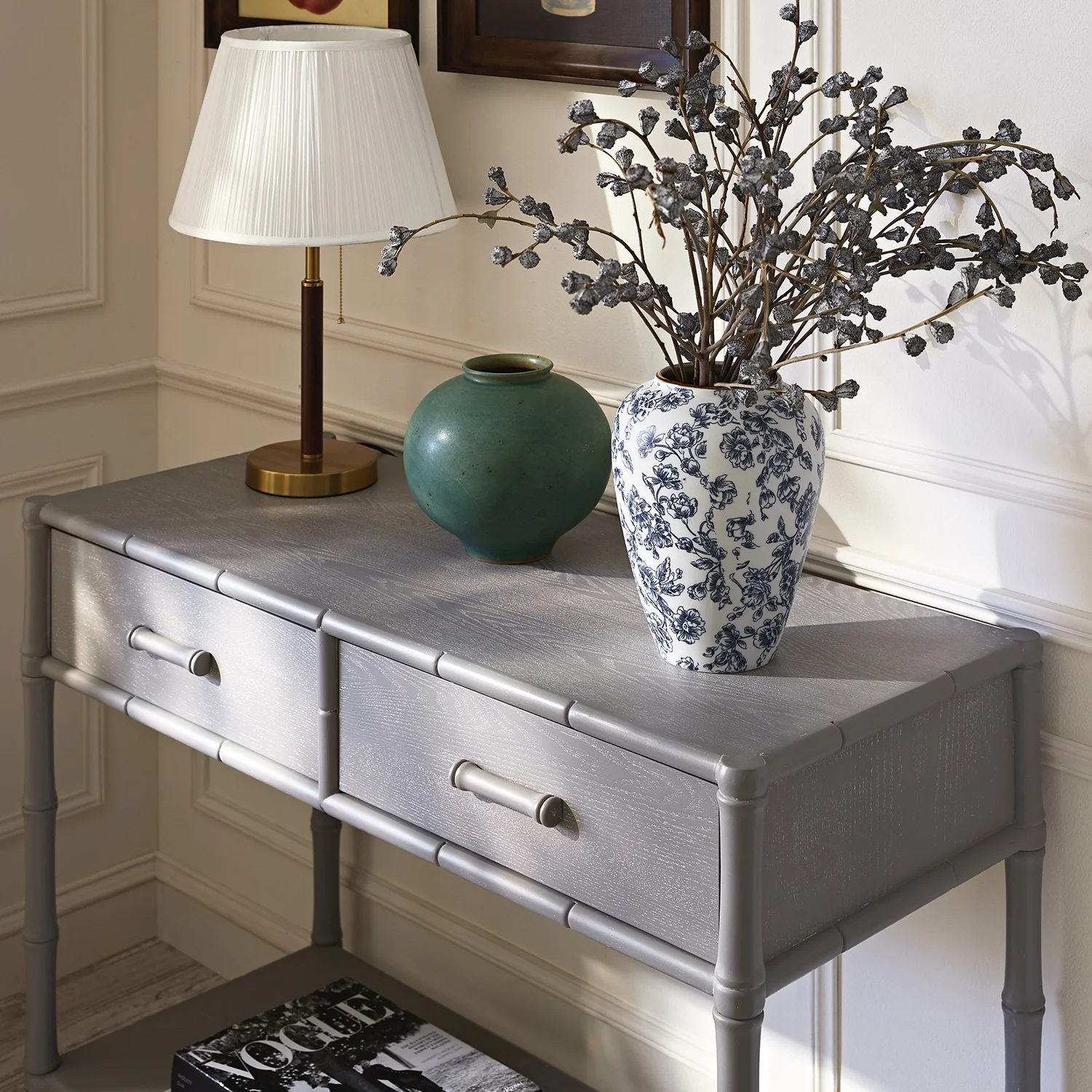 Elstowe Faux Bamboo 2-Drawer Console Table, Warm Grey - Image 3