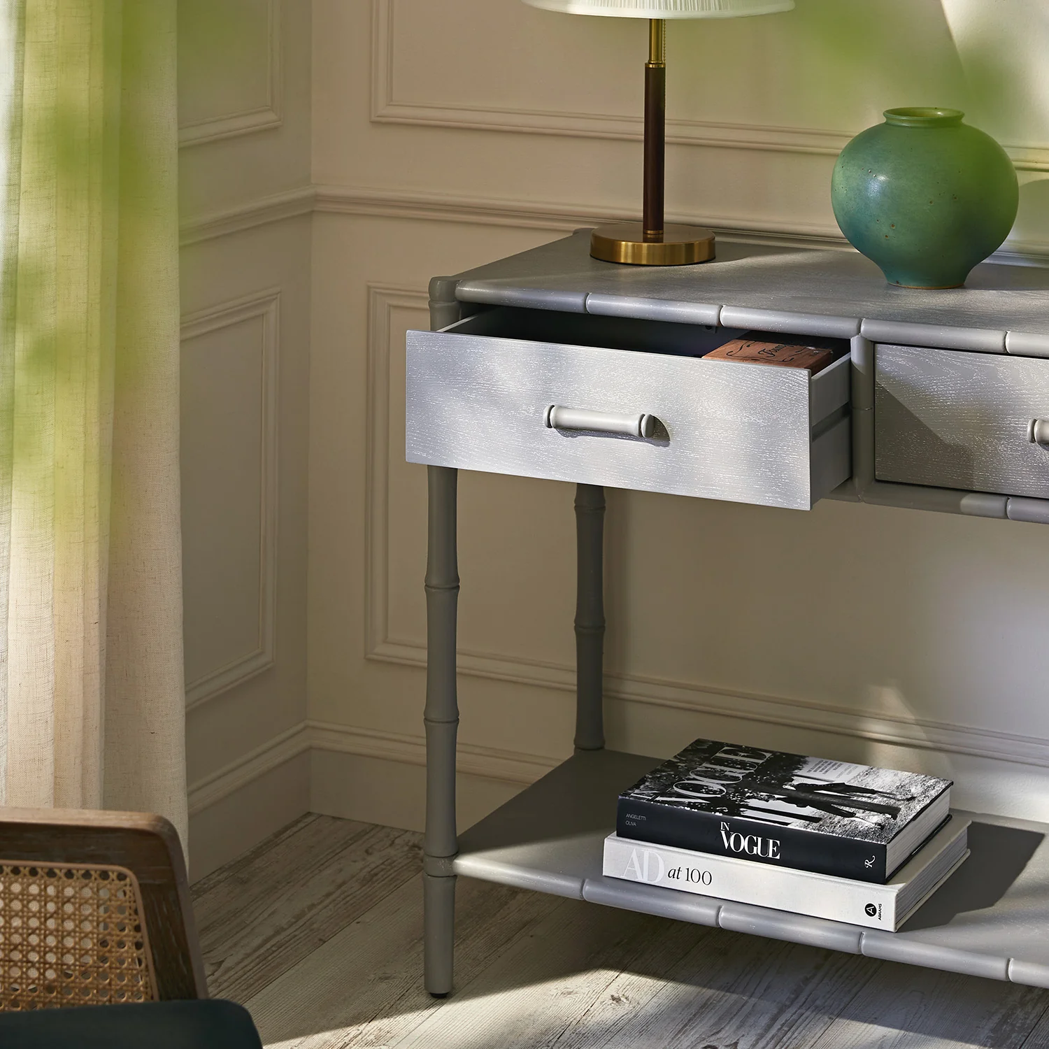 Elstowe Faux Bamboo 2-Drawer Console Table, Warm Grey - Image 4