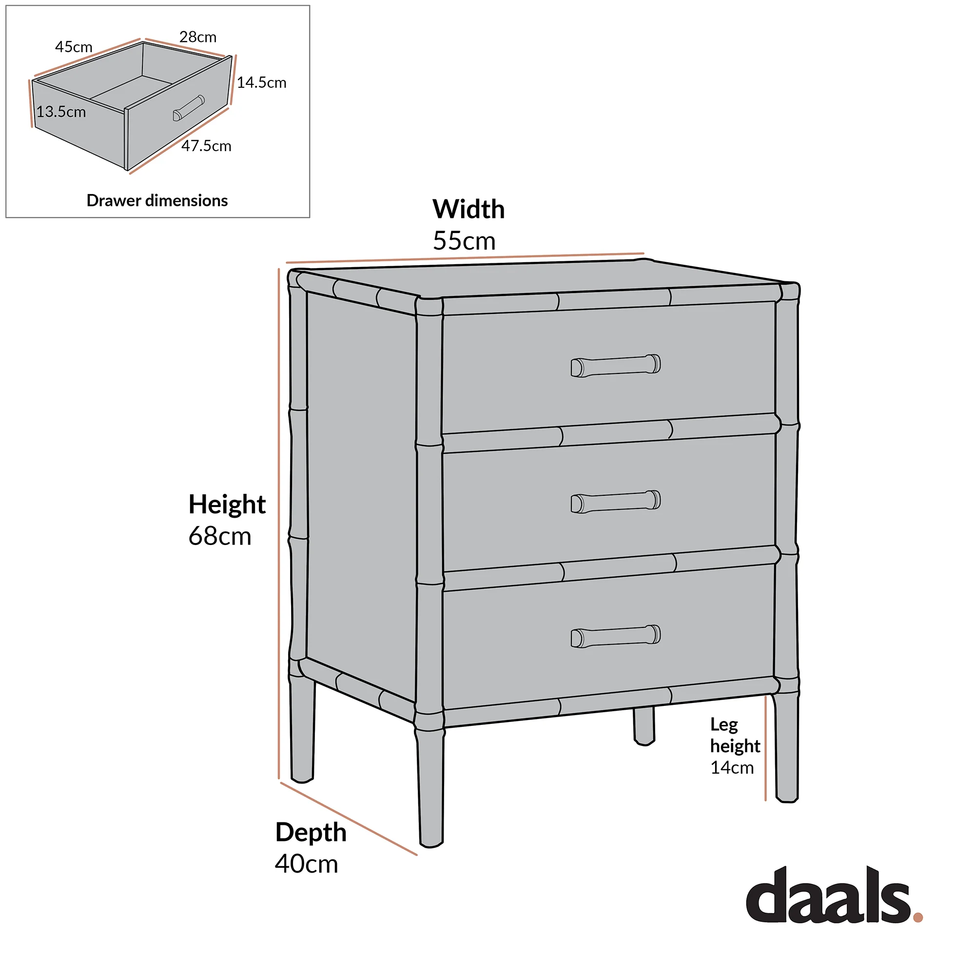 Elstowe Faux Bamboo 3-Drawer Bedside Table, Warm Grey - Image 10