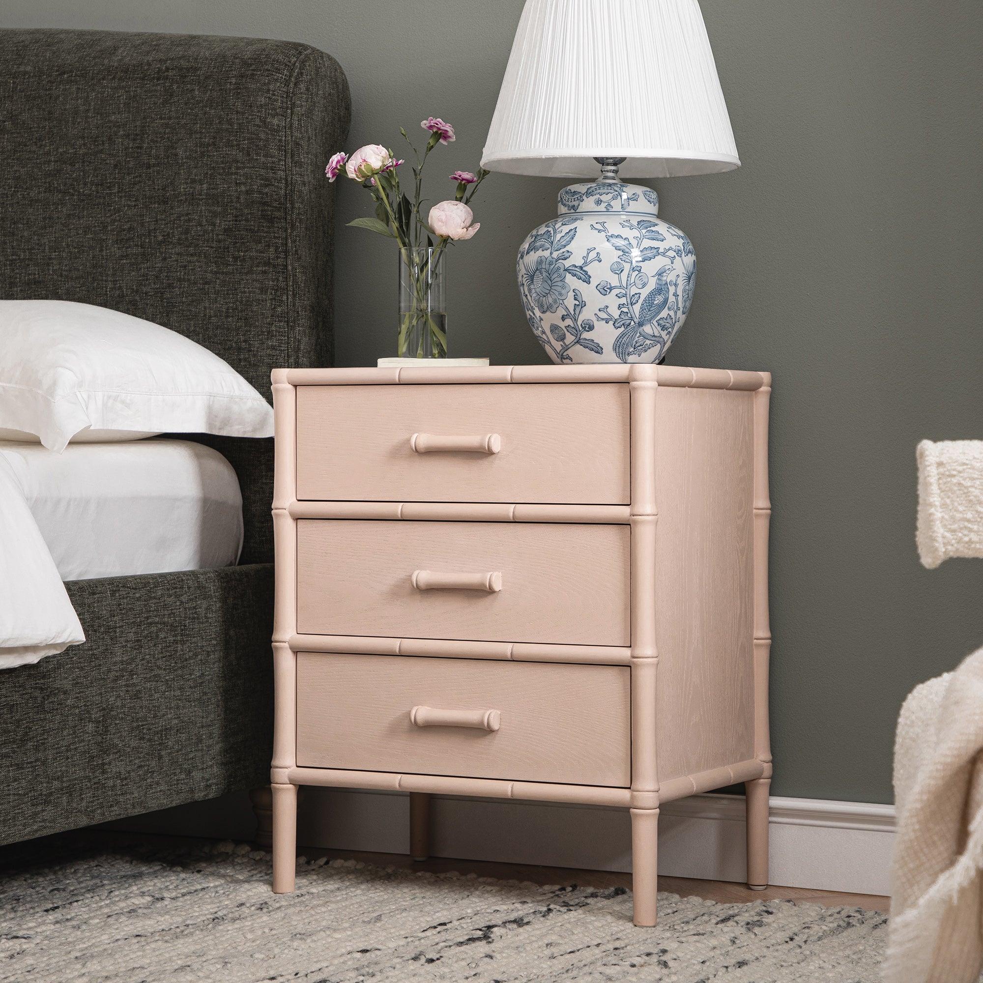 Elstowe Faux Bamboo 3-Drawer Bedside Table, Nude Pink - Image 2