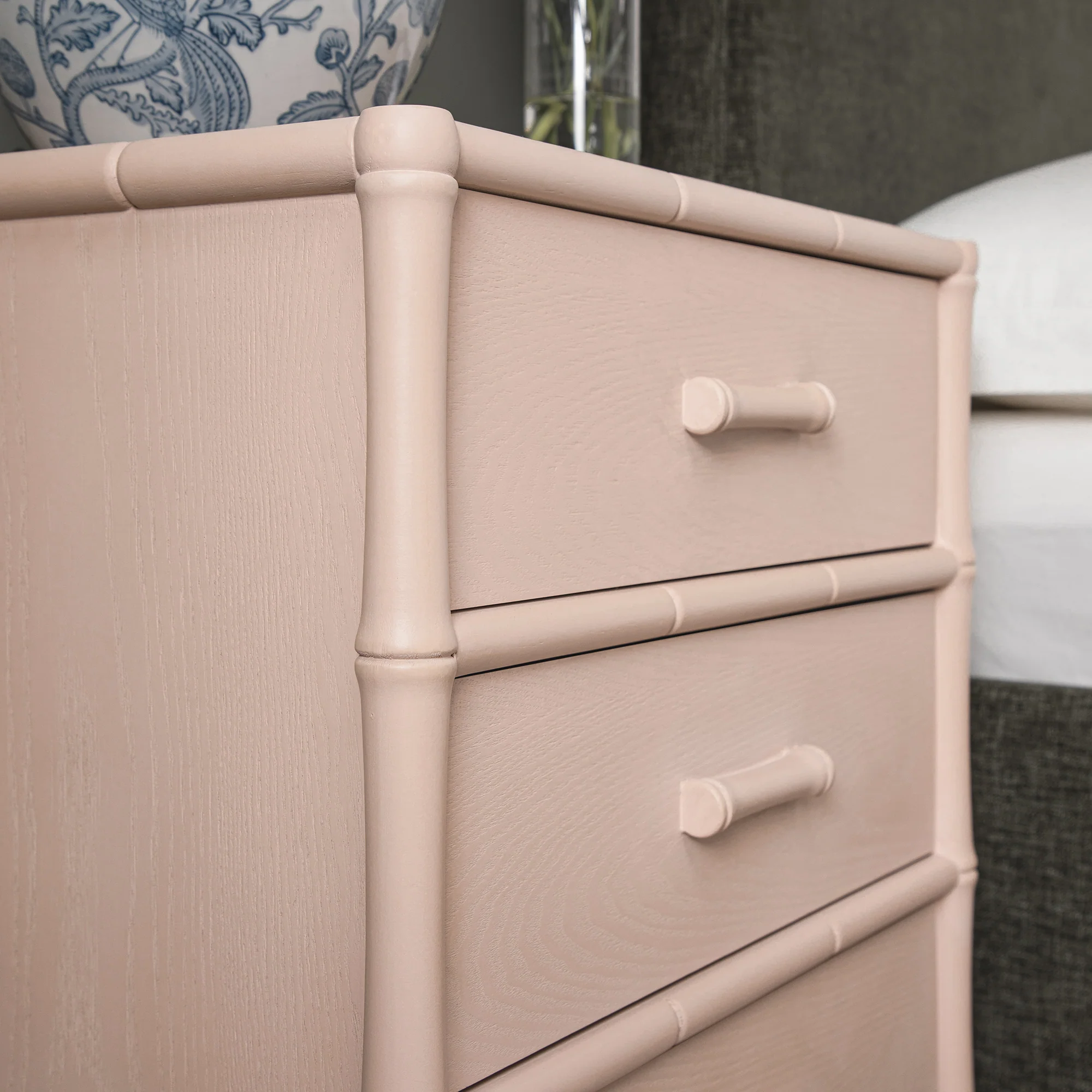 Elstowe Faux Bamboo 3-Drawer Bedside Table, Nude Pink - Image 6