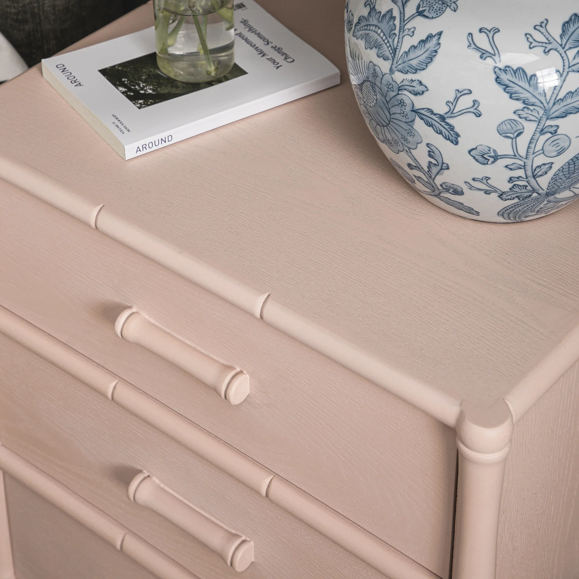 Elstowe Faux Bamboo 3-Drawer Bedside Table, Nude Pink - Image 7