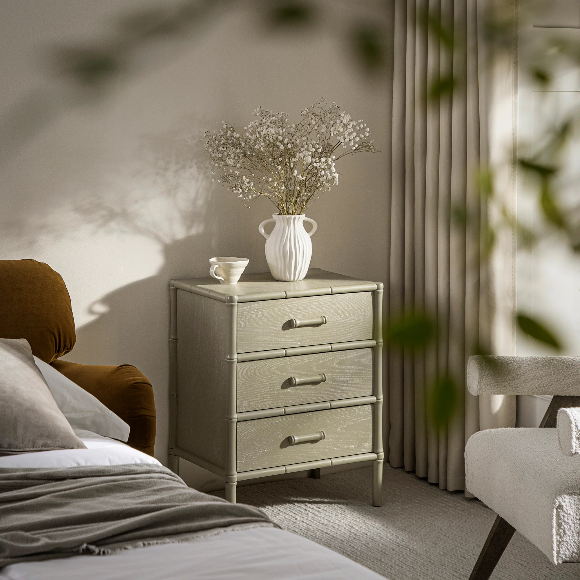 Elstowe Faux Bamboo 3-Drawer Bedside Table, Sage Green - Image 2